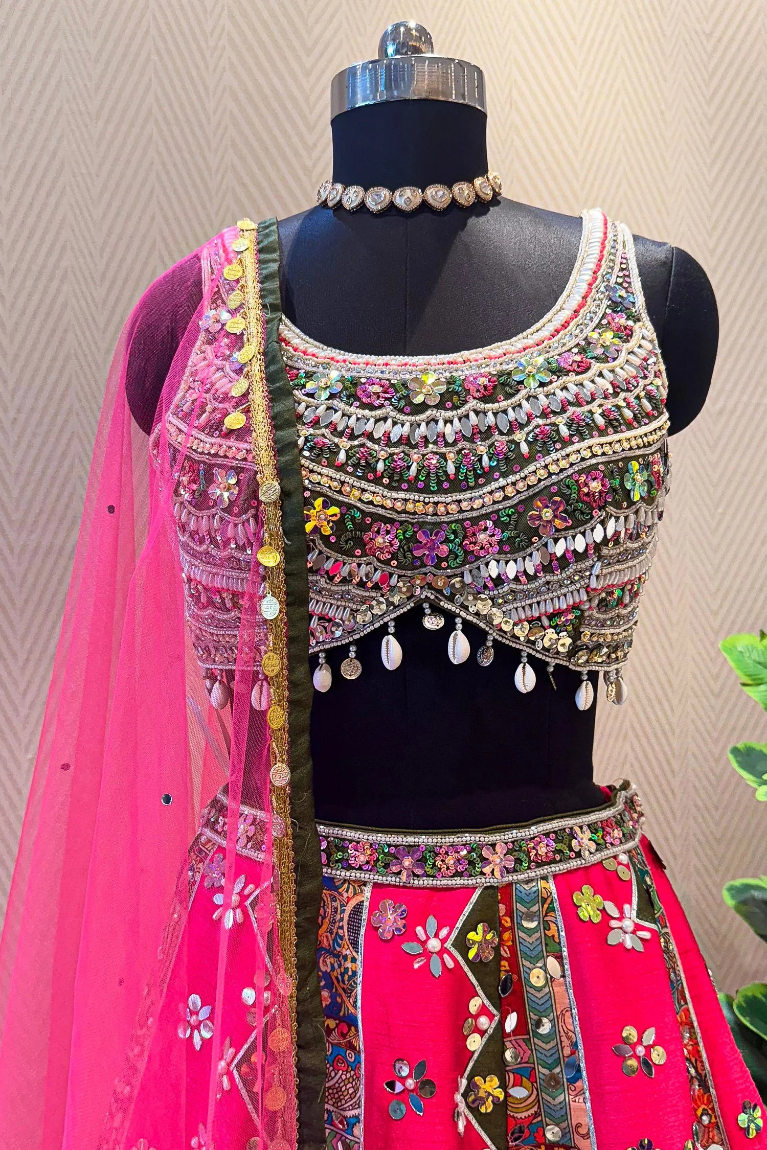 Rani Pink Raw Silk Kalamkari Printed Lehenga with Beads and Applique Work - Image 4