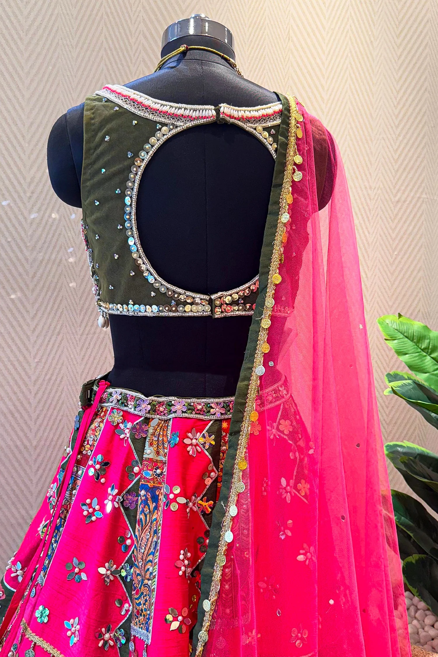 Rani Pink Raw Silk Kalamkari Printed Lehenga with Beads and Applique Work - Image 5