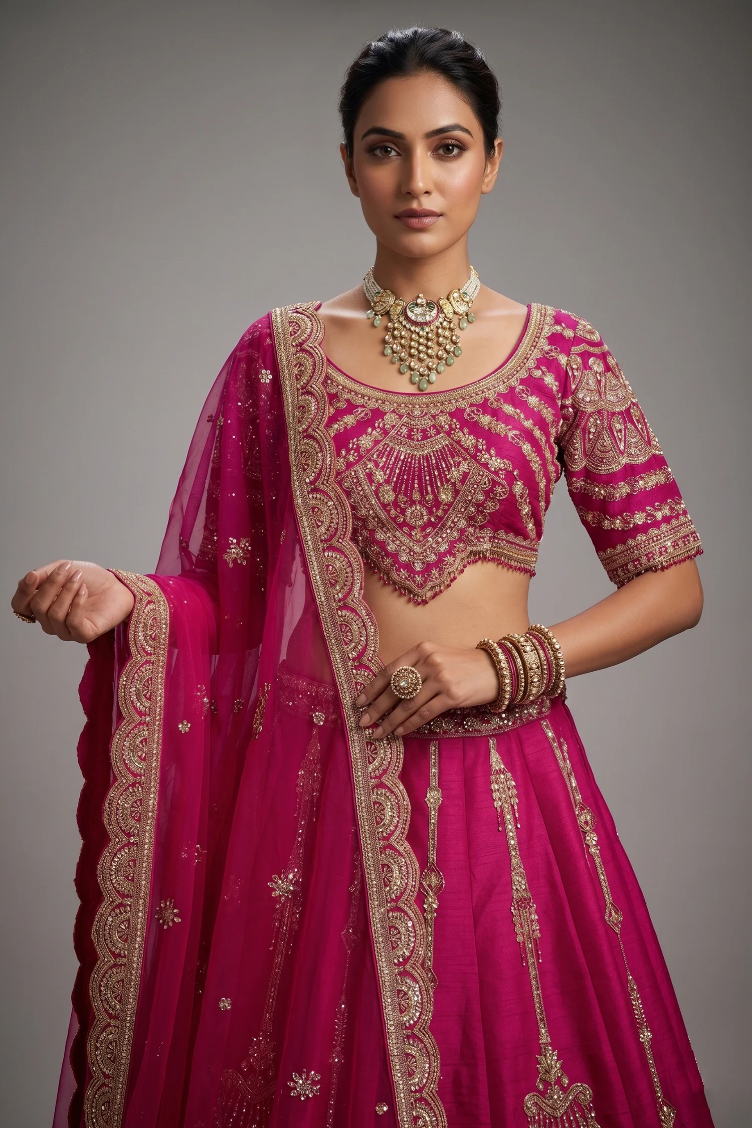 Rani Pink Raw Silk Sequin Beaded Lehenga with Double Dupatta - Image 2