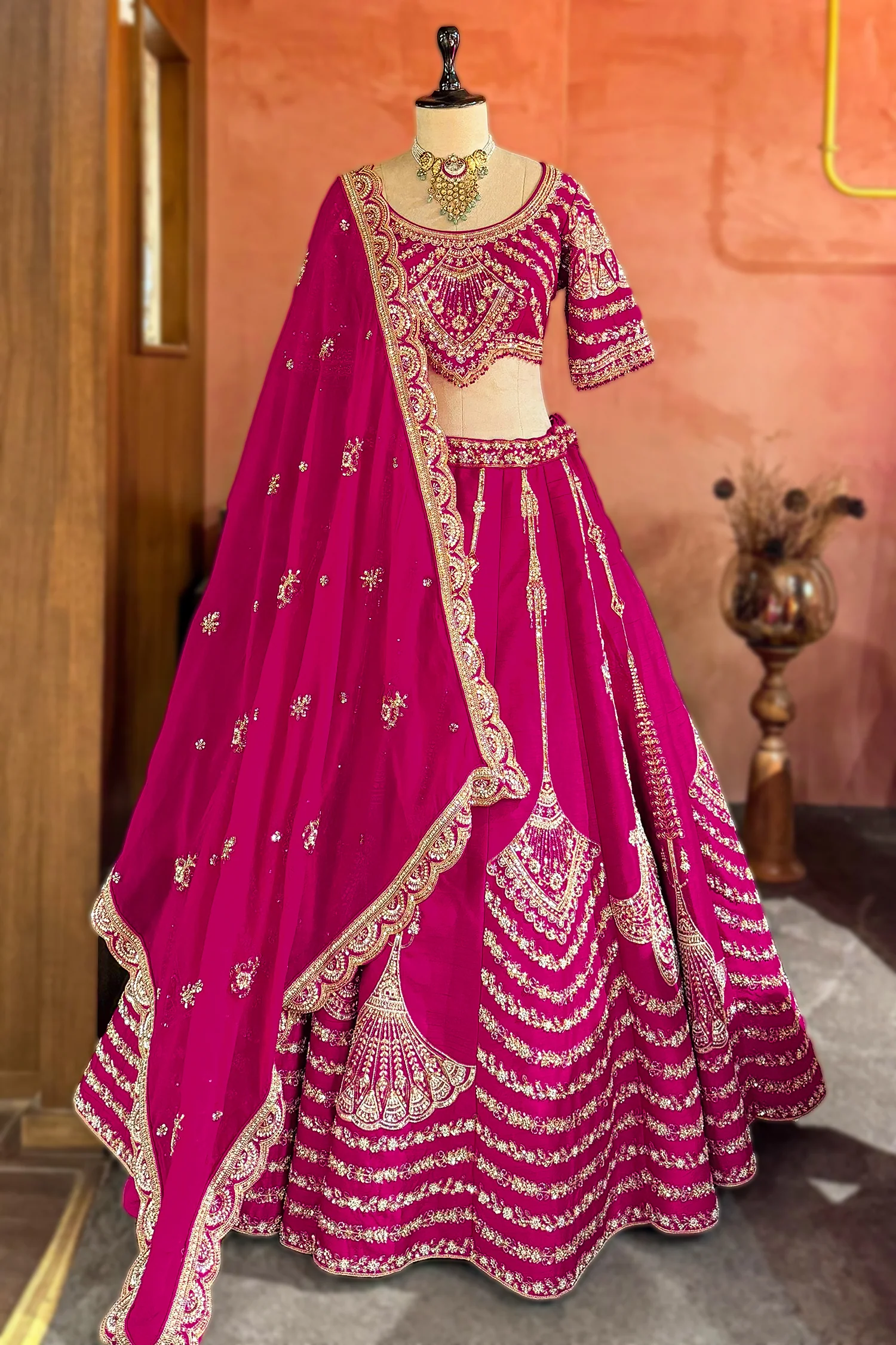 Rani Pink Raw Silk Sequin Beaded Lehenga with Double Dupatta - Image 3