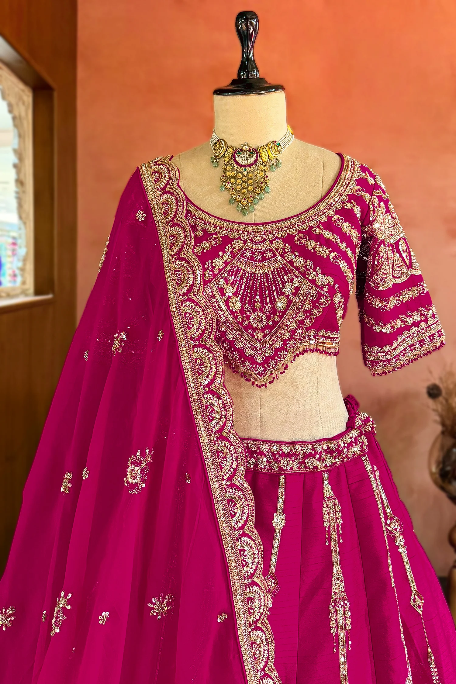 Rani Pink Raw Silk Sequin Beaded Lehenga with Double Dupatta - Image 4