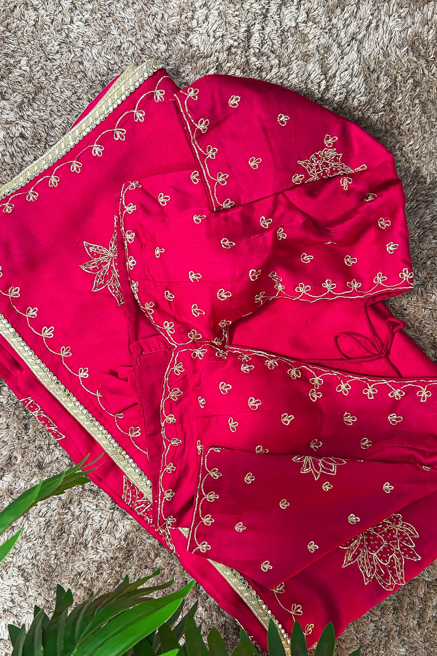 Rani Pink Satin Silk Beads and Mirror Worked Saree with Readymade Blouse - Image 3
