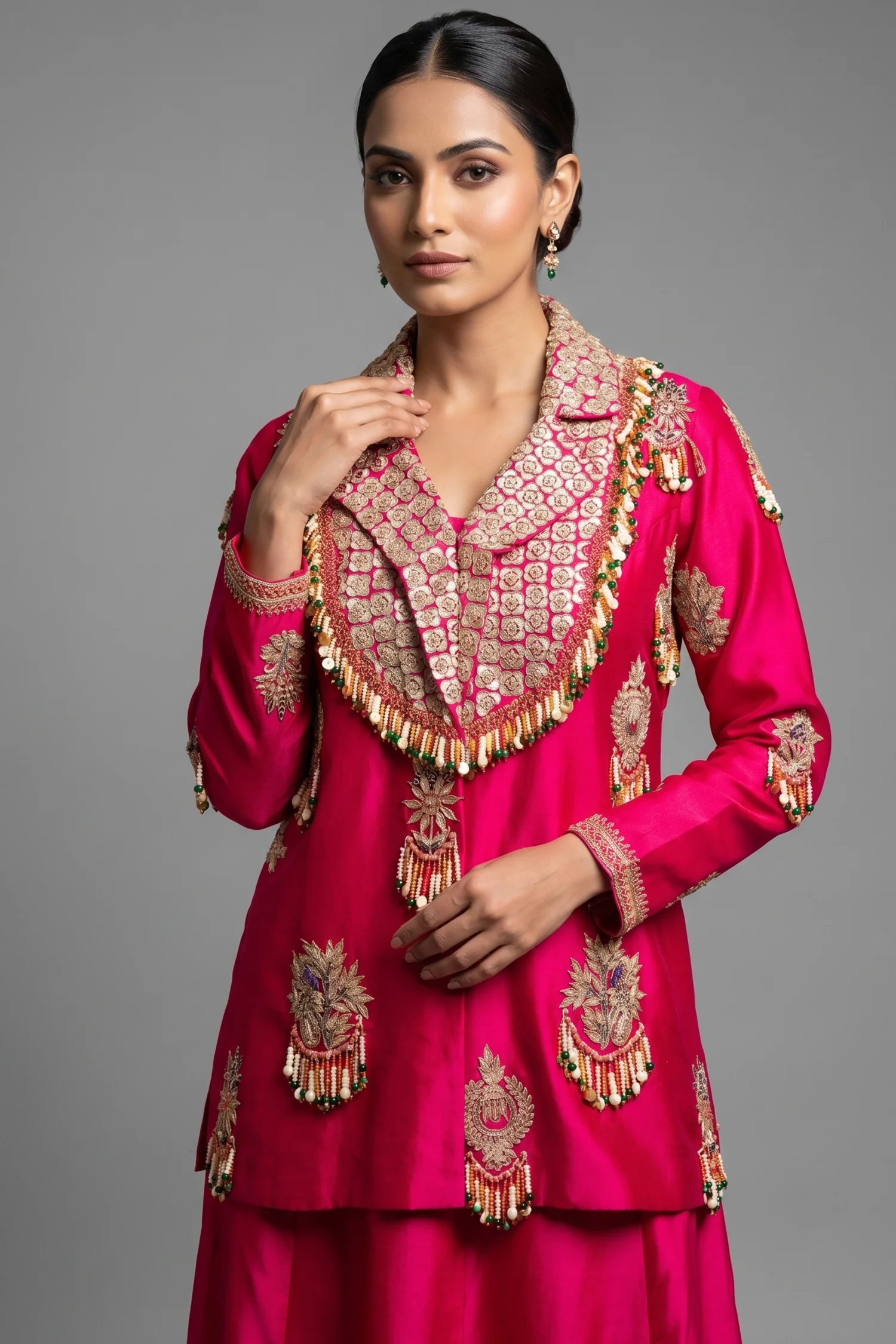 Rani Pink Satin Silk Gota Worked and Sequin Beaded Worked Indo Western Set - Image 2