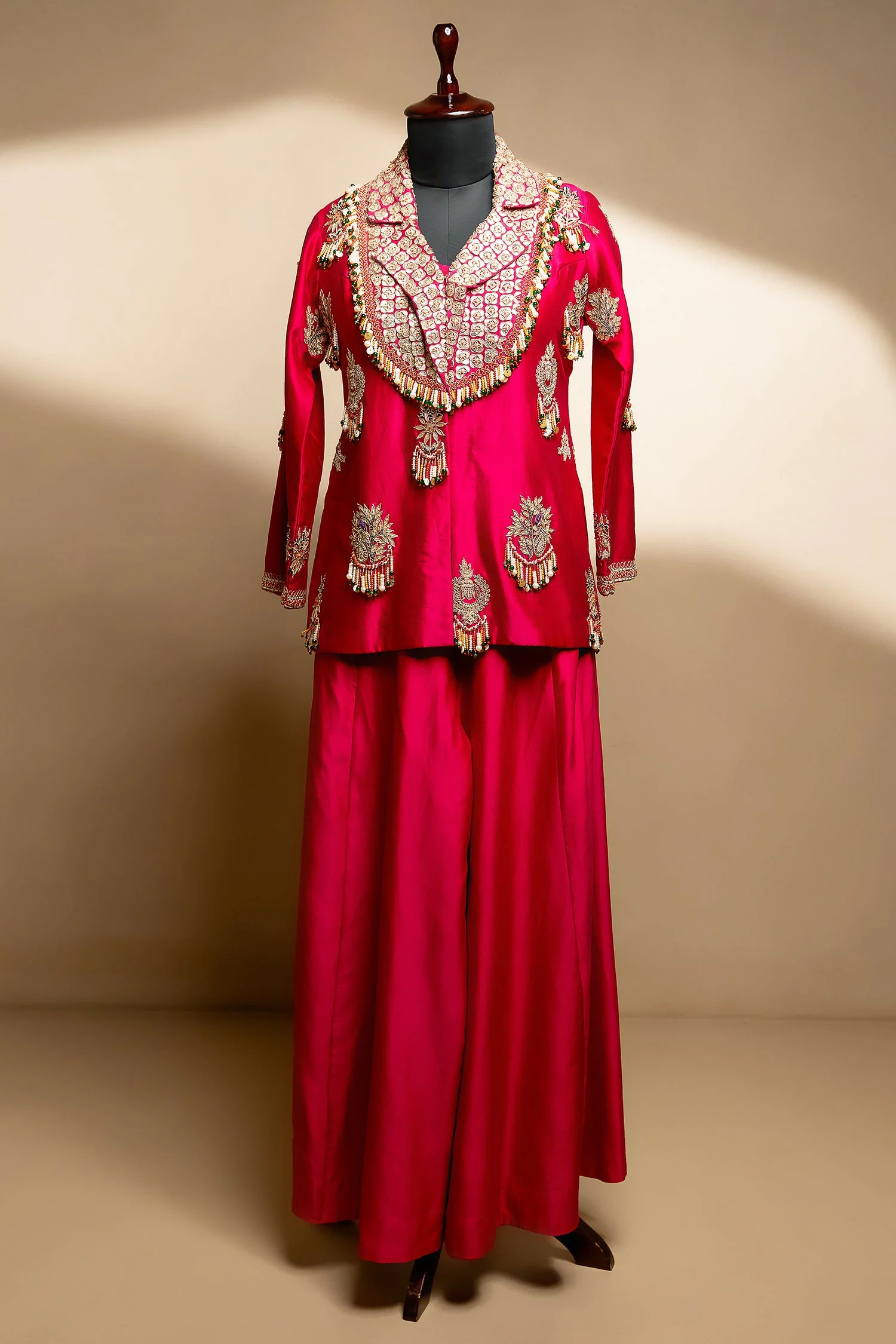 Rani Pink Satin Silk Gota Worked and Sequin Beaded Worked Indo Western Set - Image 3