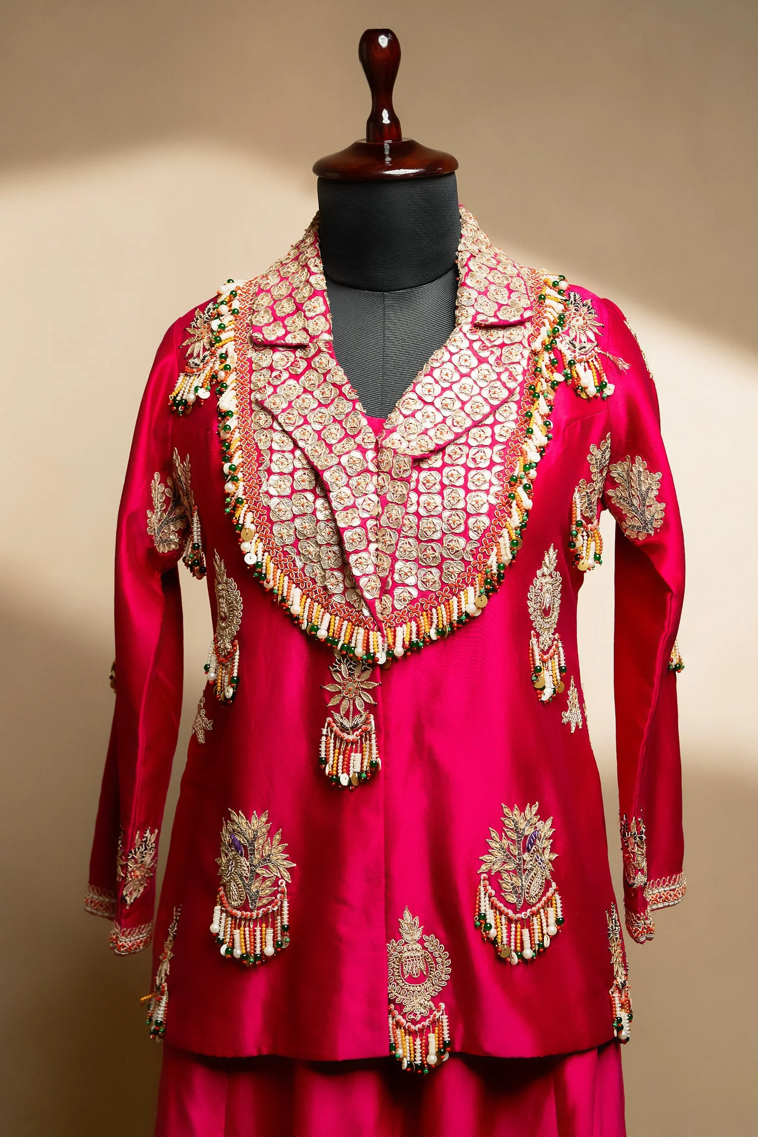 Rani Pink Satin Silk Gota Worked and Sequin Beaded Worked Indo Western Set - Image 4