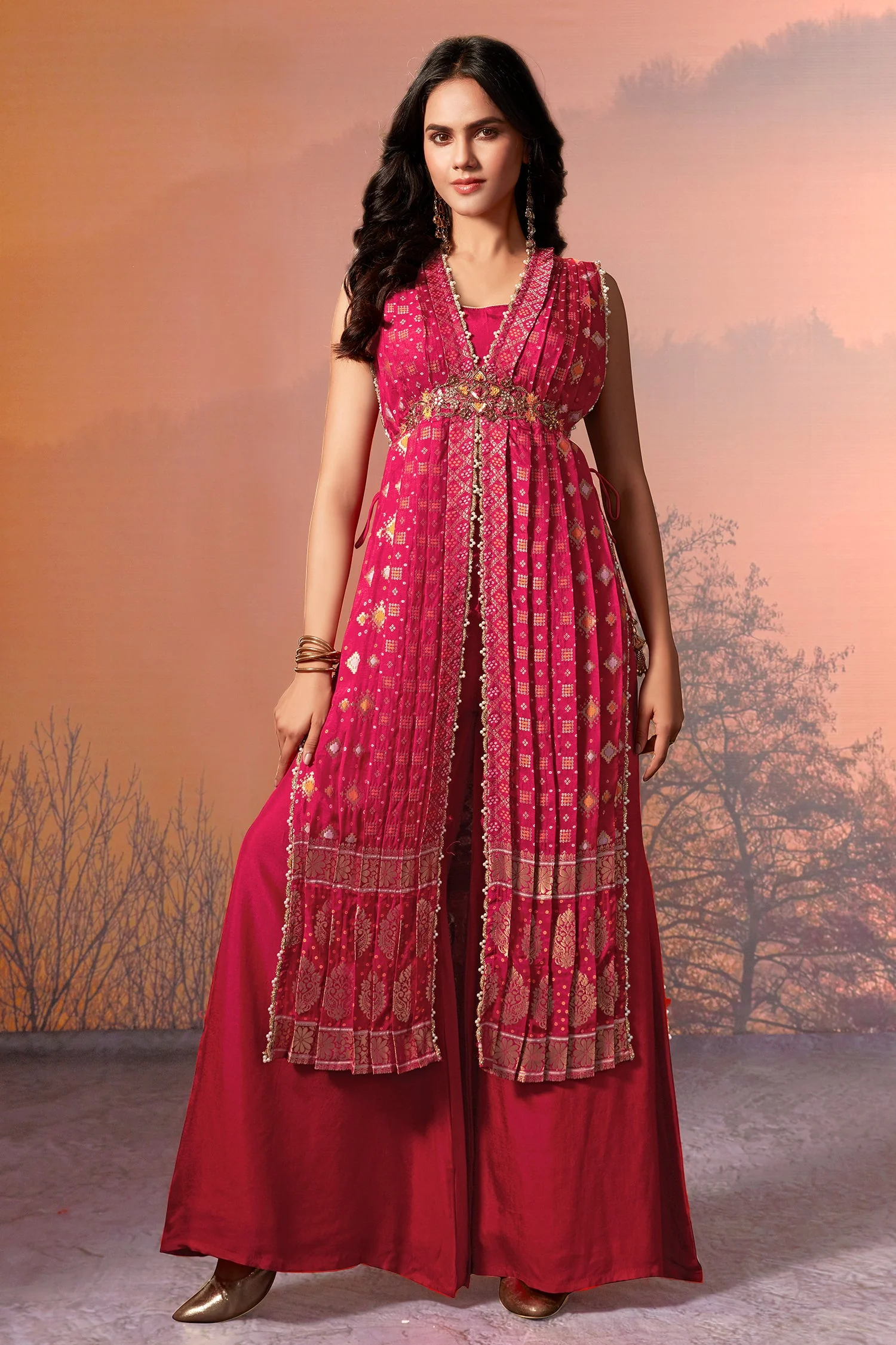 Rani Pink Silk Bandhej Palazzo Set with Bead Work - Image 2