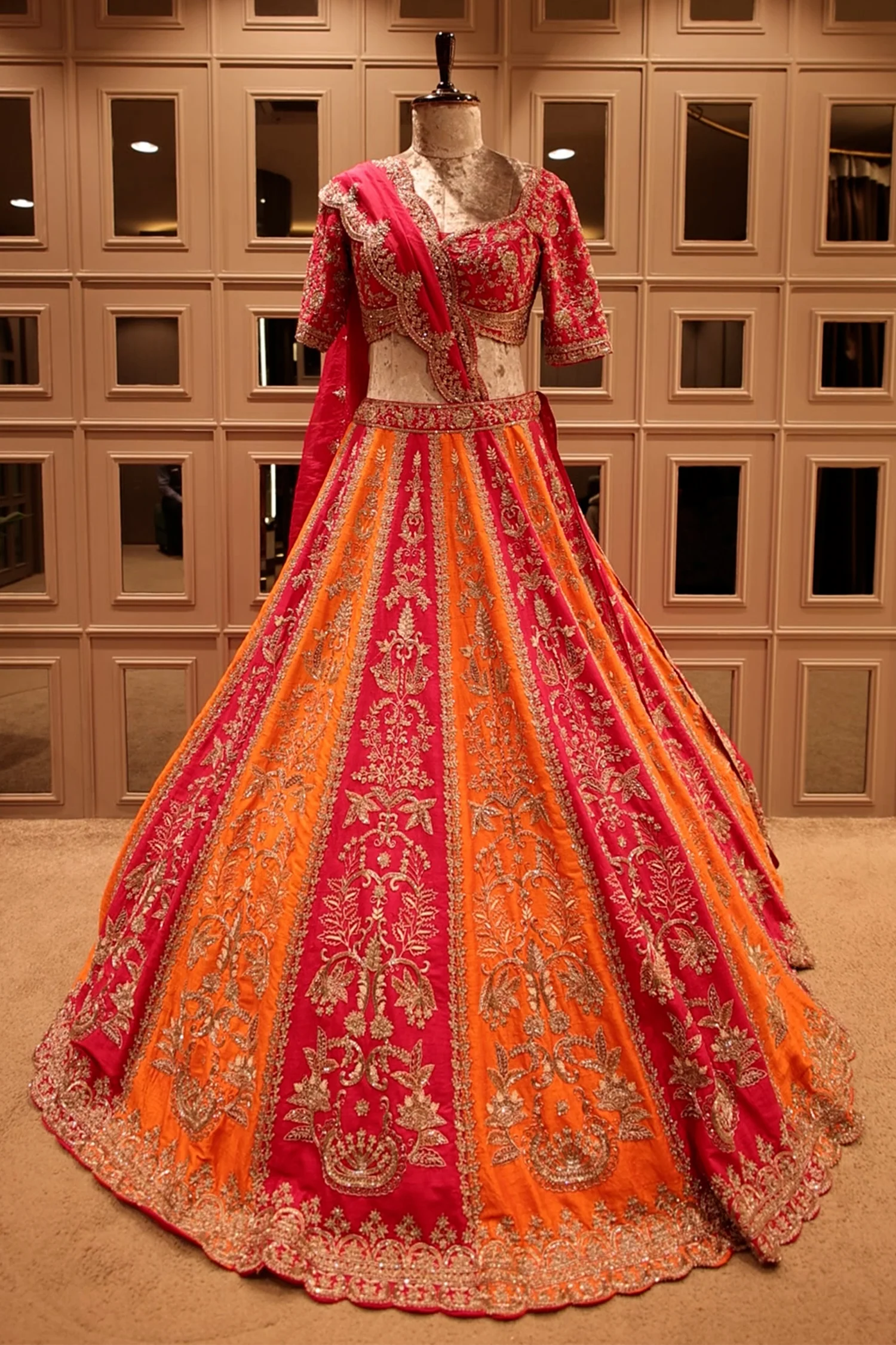 Red and Orange KD Dupion Silk Designer Bridal Lehenga - Image 3
