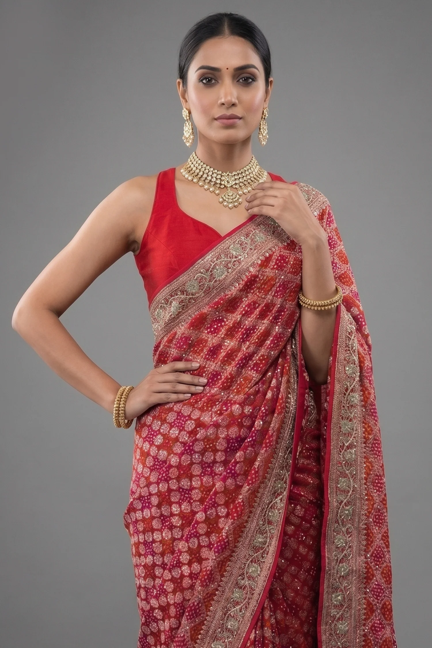 Red and Pink Bandhej Woven Saree with Bead and Cutdana Work - Image 2