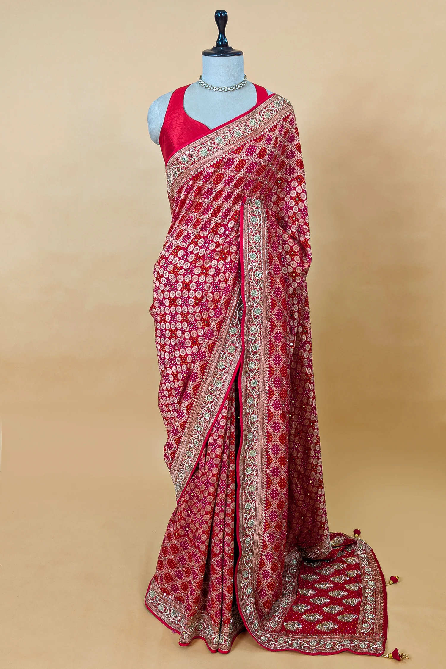 Red and Pink Bandhej Woven Saree with Bead and Cutdana Work - Image 3