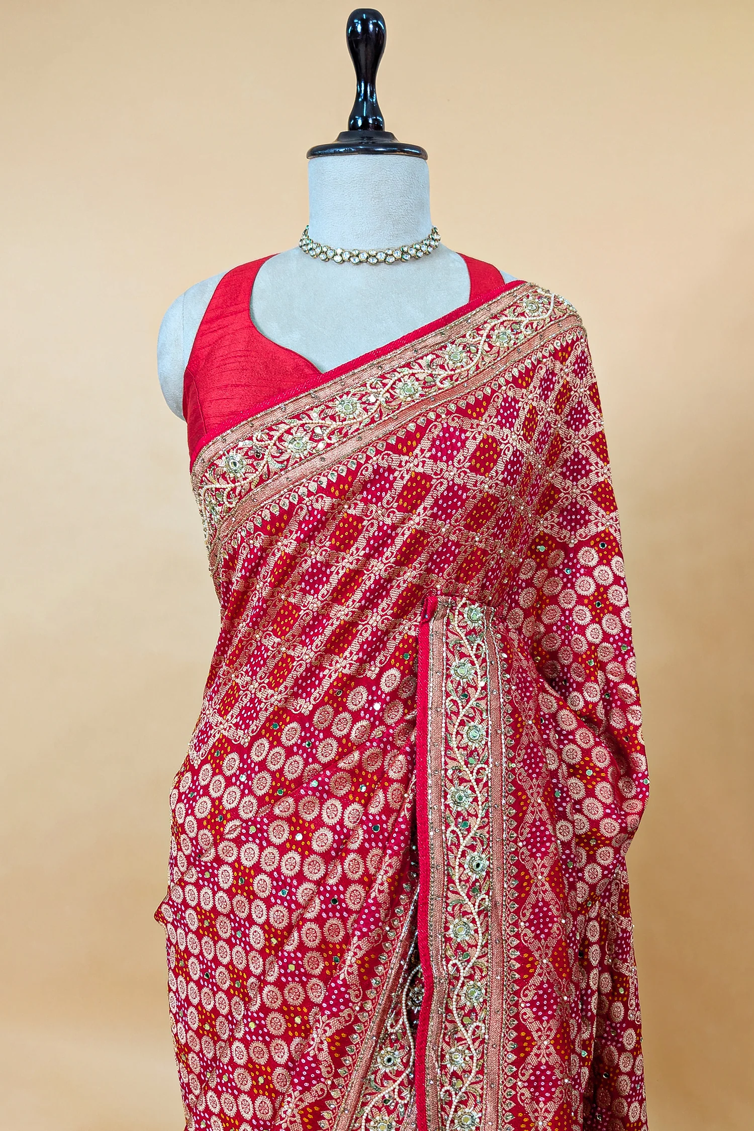 Red and Pink Bandhej Woven Saree with Bead and Cutdana Work - Image 4