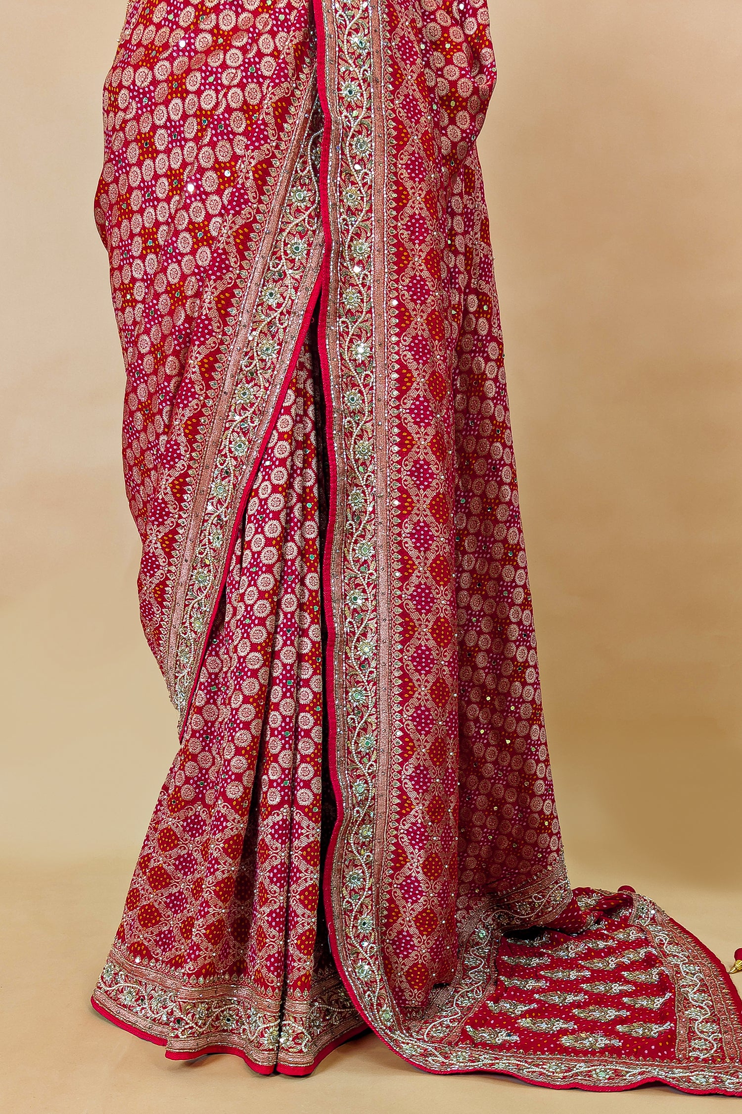 Red and Pink Bandhej Woven Saree with Bead and Cutdana Work - Image 5