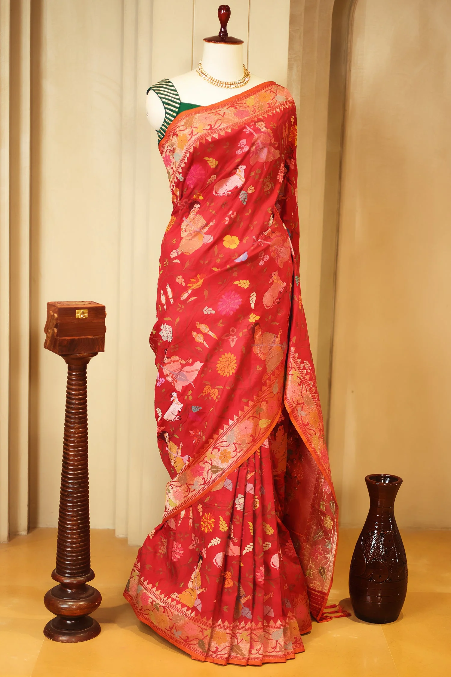 Red Banarasi Silk Meenakari Woven Saree - Image 2