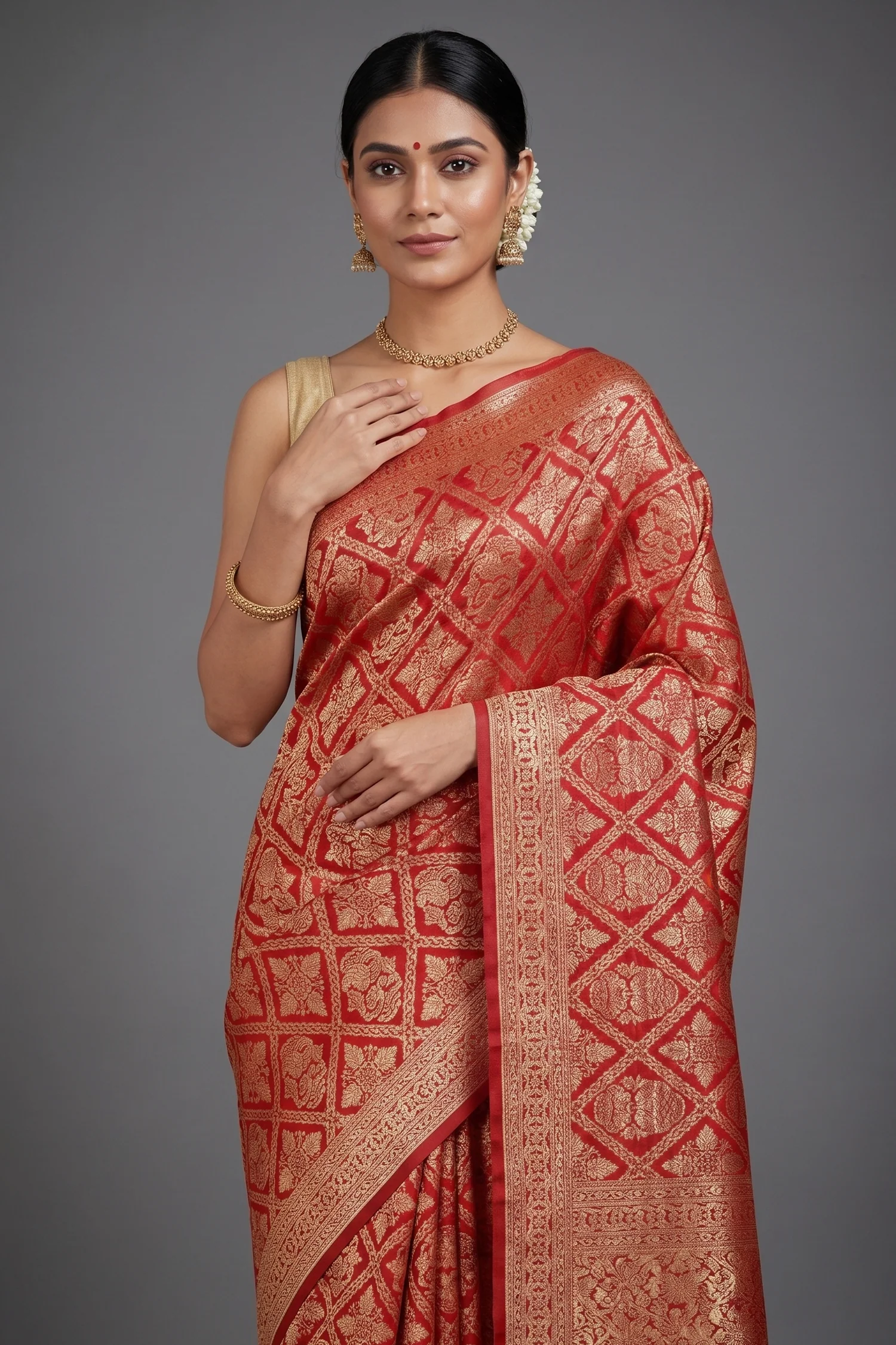 Red Banarasi Silk Traditional Checks Woven Saree - Image 2