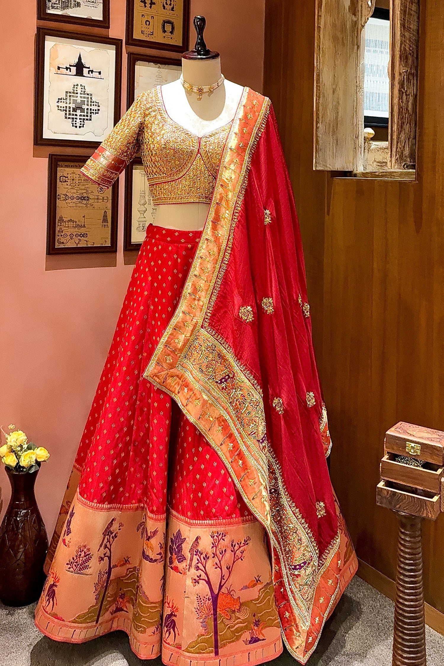 Red Banarasi Silk Woven Lehenga with Intricate Shikargah Weave Border - Image 4