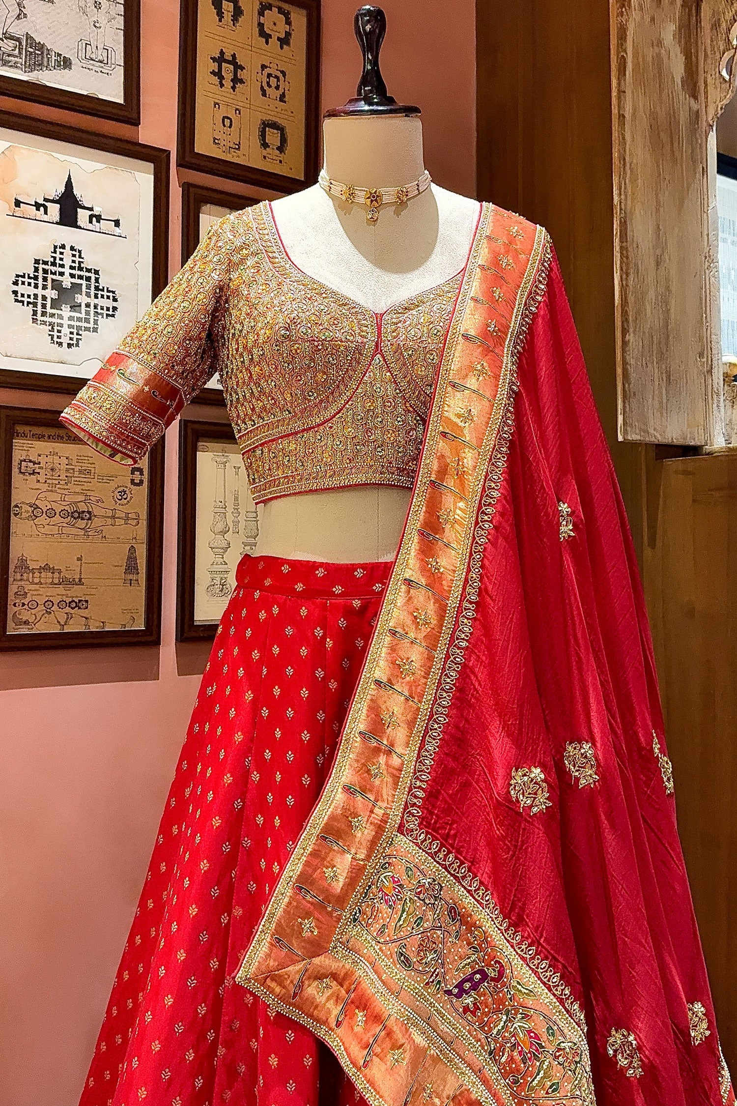 Red Banarasi Silk Woven Lehenga with Intricate Shikargah Weave Border - Image 5