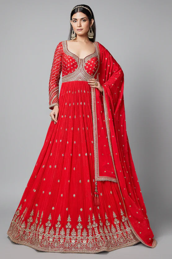 Red Chinon Anarkali Suit with Sequin and Mirror Work