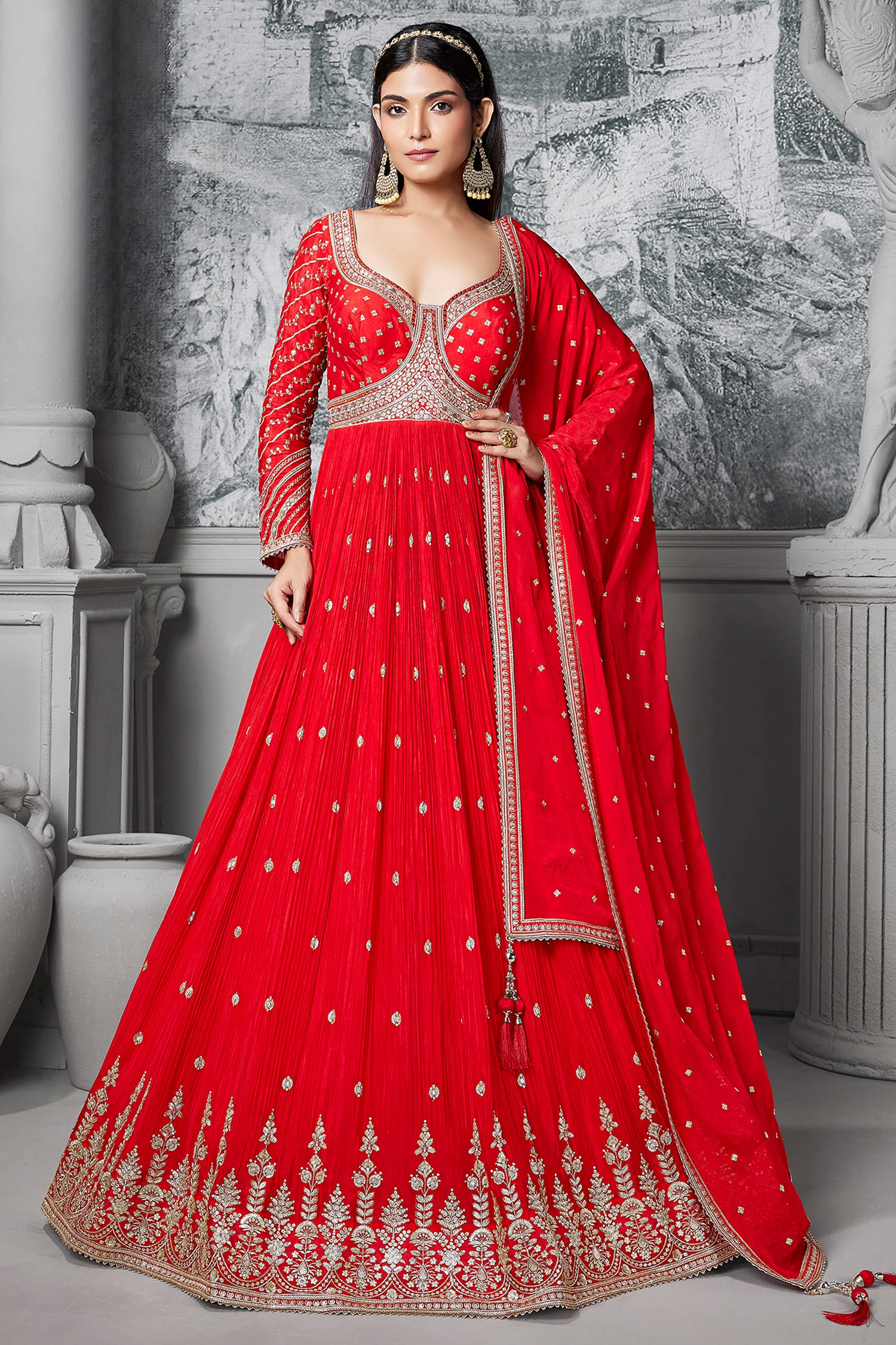 Red Chinon Anarkali Suit with Sequin and Mirror Work - Image 2