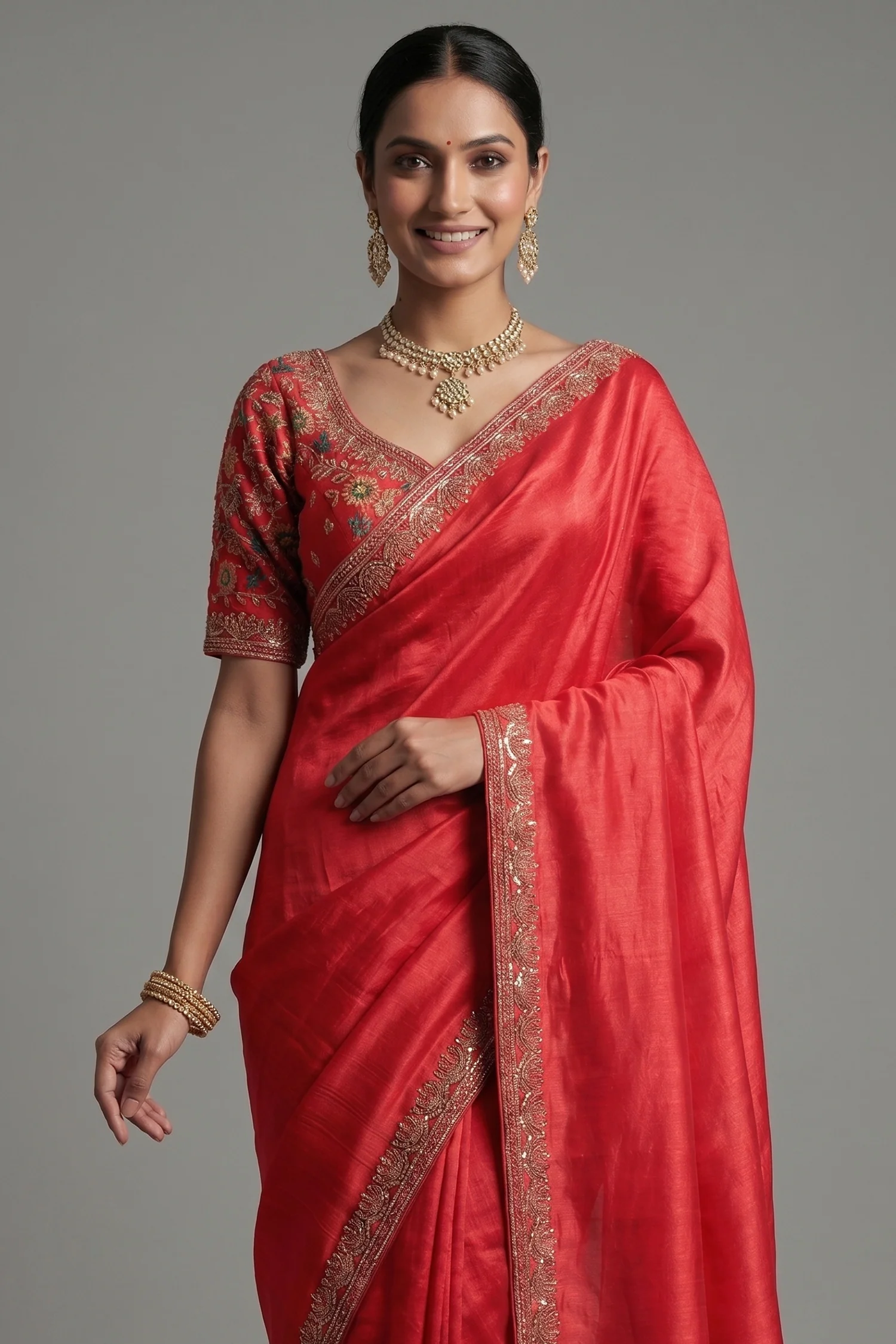 Red Chinon Tissue Silk Saree with Readymade Blouse - Image 2