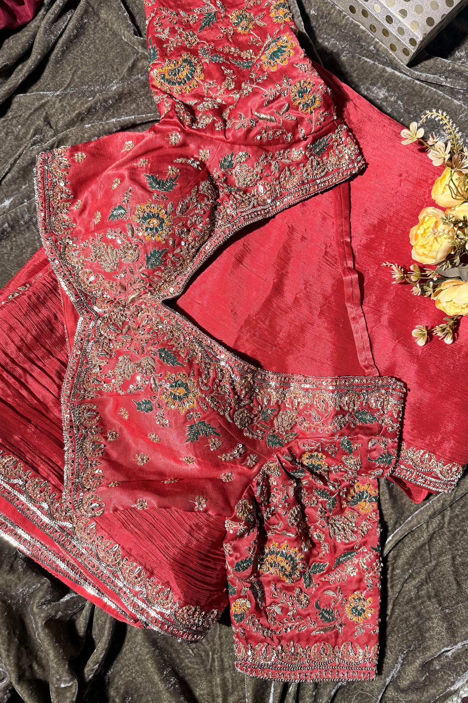 Red Chinon Tissue Silk Saree with Readymade Blouse - Image 3