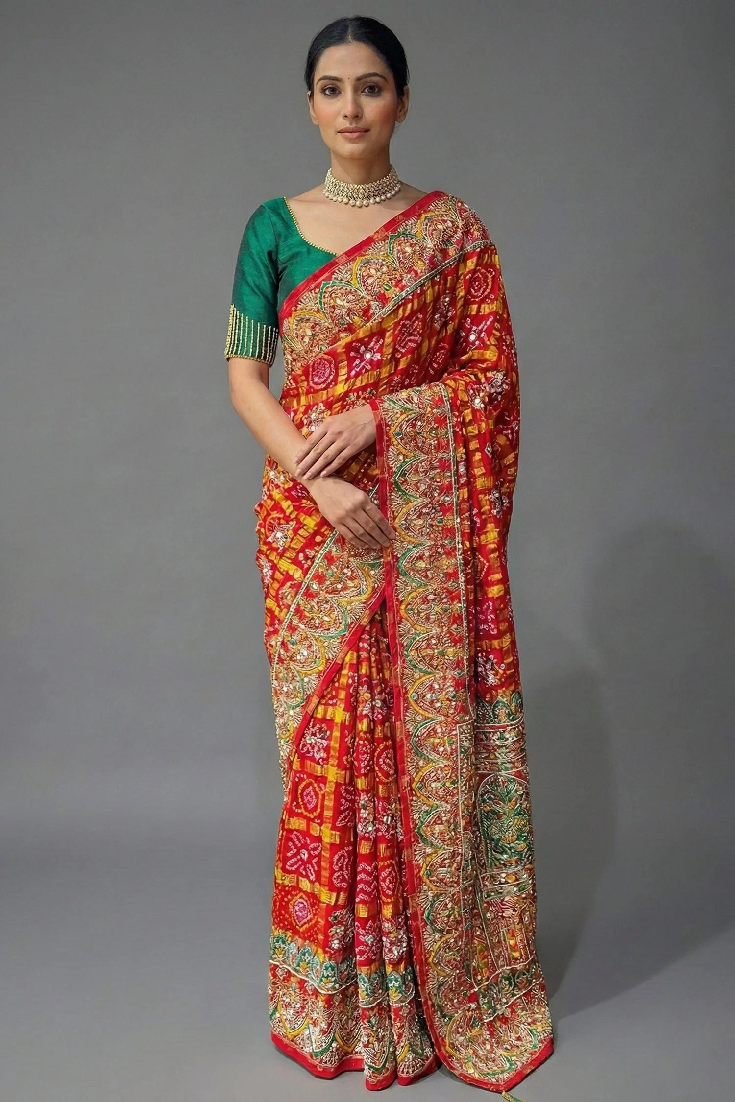 Red Cotton Silk Traditional Bandhej Saree with Beads and Zardosi Work