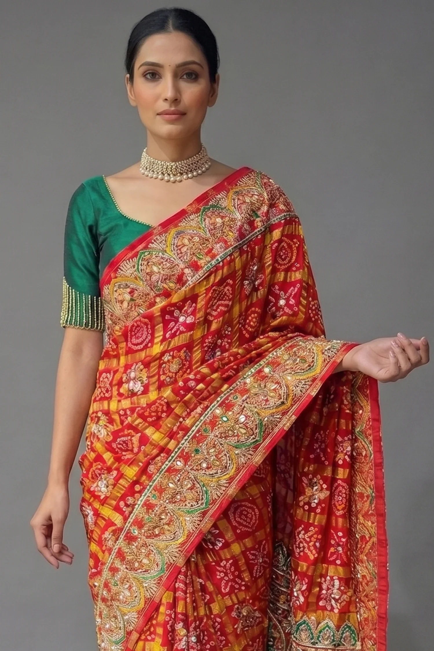 Red Cotton Silk Traditional Bandhej Saree with Beads and Zardosi Work - Image 2