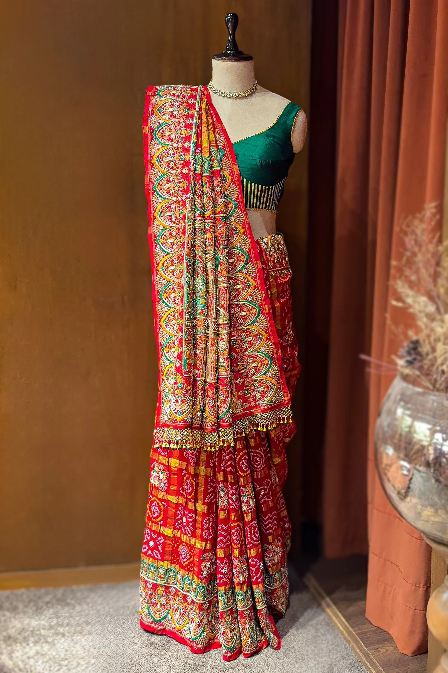 Red Cotton Silk Traditional Bandhej Saree with Beads and Zardosi Work - Image 3