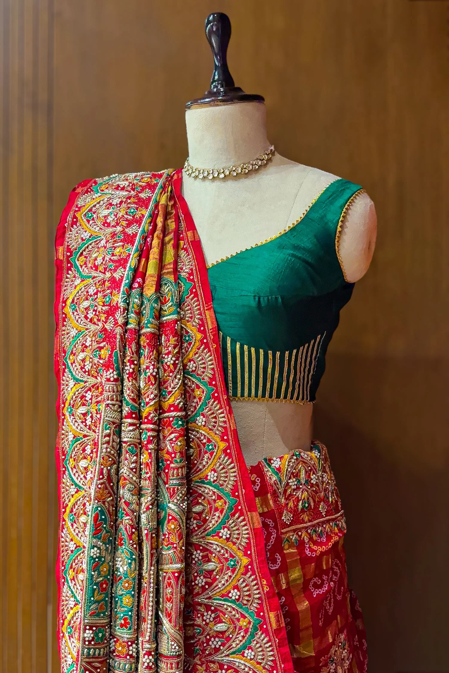 Red Cotton Silk Traditional Bandhej Saree with Beads and Zardosi Work - Image 4