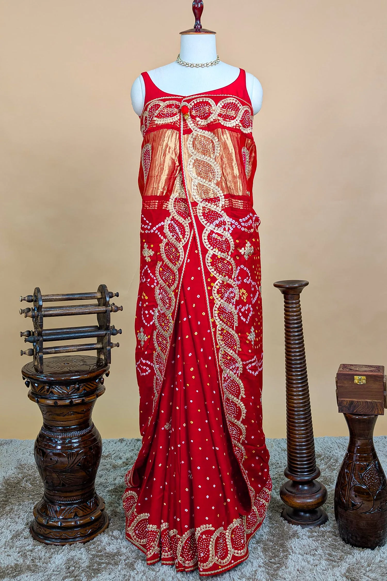 Red Dola Silk Bandhej Saree with Gota Work - Image 2