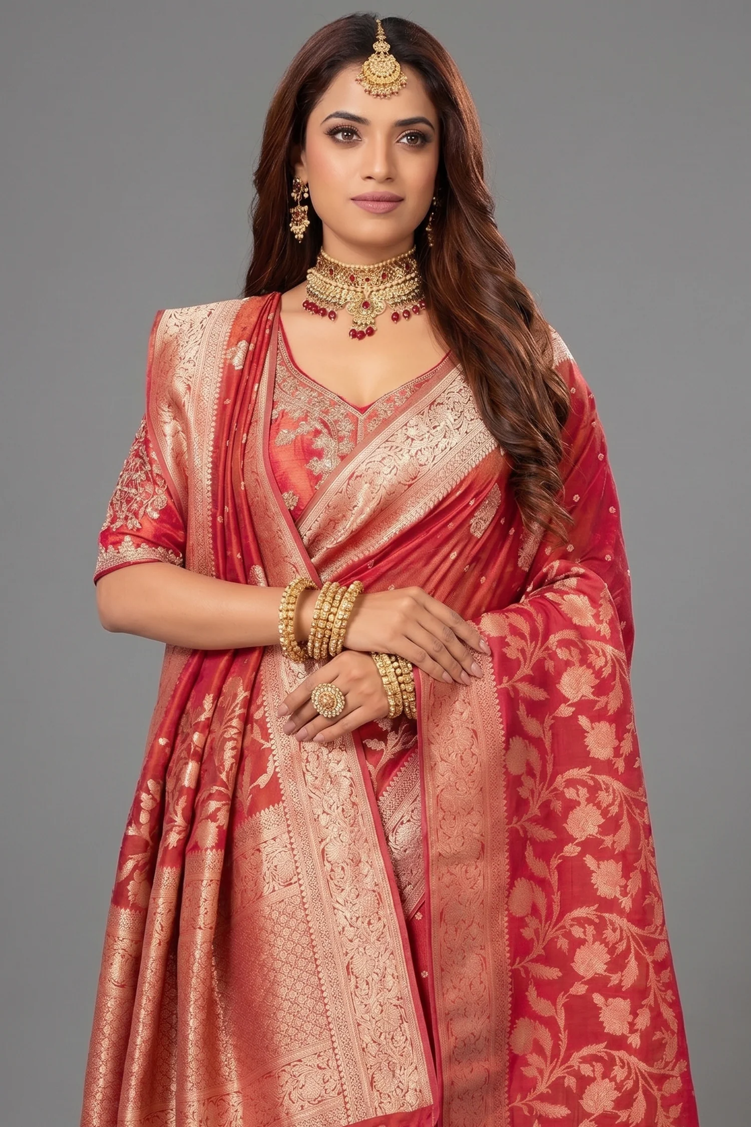 Red Dola Tissue Silk Floral Woven Saree with Readymade Blouse - Image 2