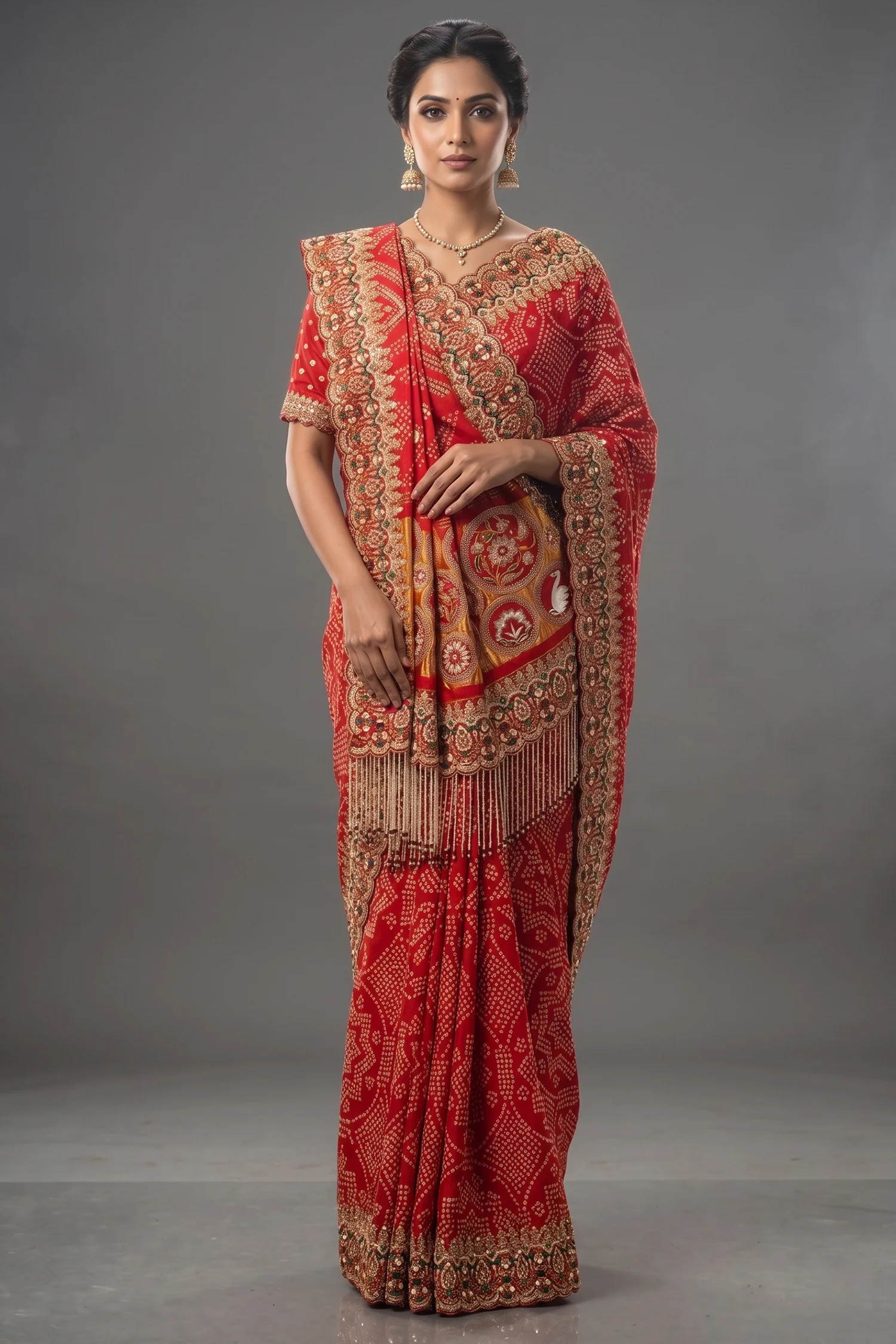 Red Gaji Silk Bandhej Traditional Saree with Handwork and Beaded Frindges Lace