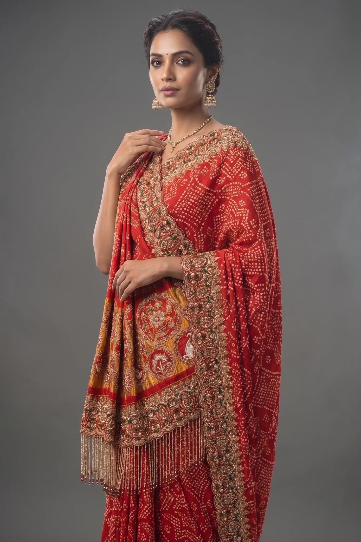 Red Gaji Silk Bandhej Traditional Saree with Handwork and Beaded Frindges Lace - Image 2