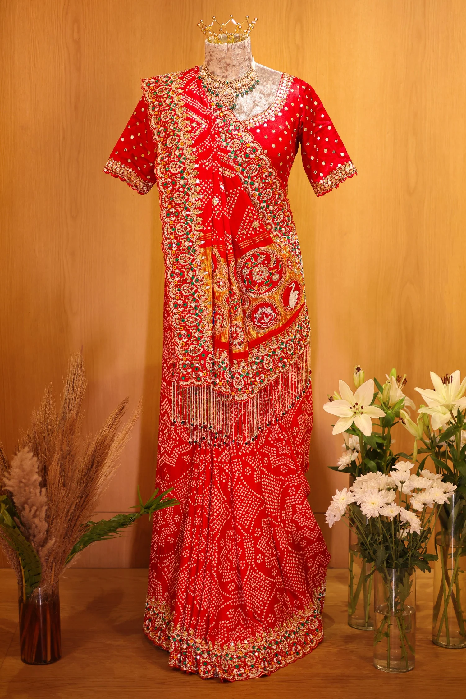 Red Gaji Silk Bandhej Traditional Saree with Handwork and Beaded Frindges Lace - Image 3