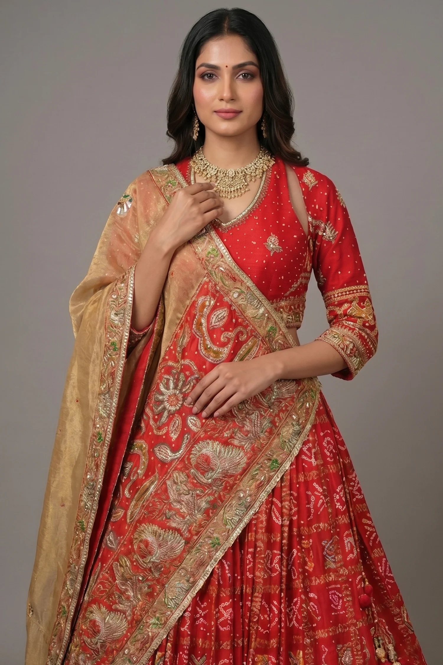 Red Gaji Silk Gharchola Lehenga with Applique and Embroidery Work Lehenga - Image 2