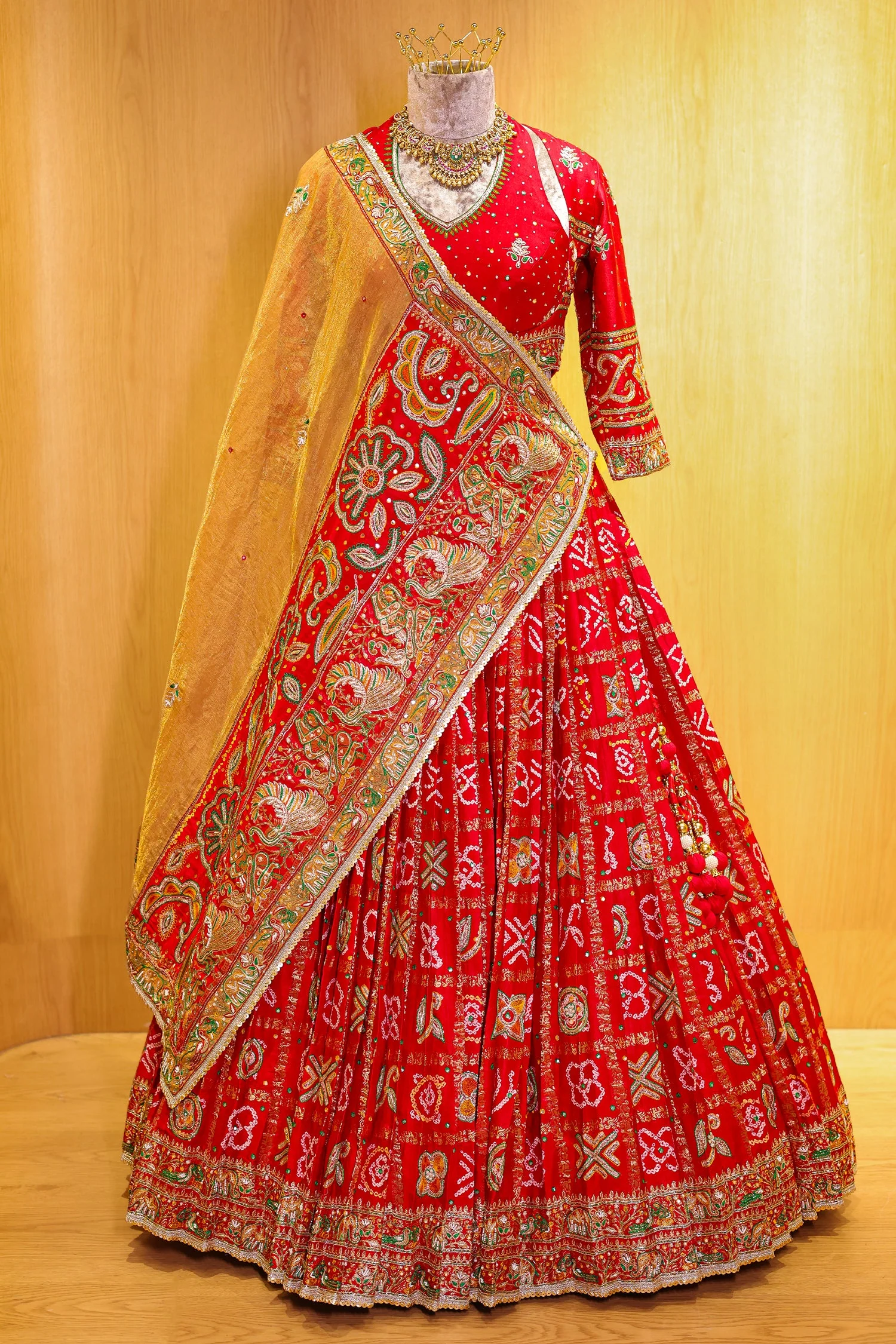 Red Gaji Silk Gharchola Lehenga with Applique and Embroidery Work Lehenga - Image 3