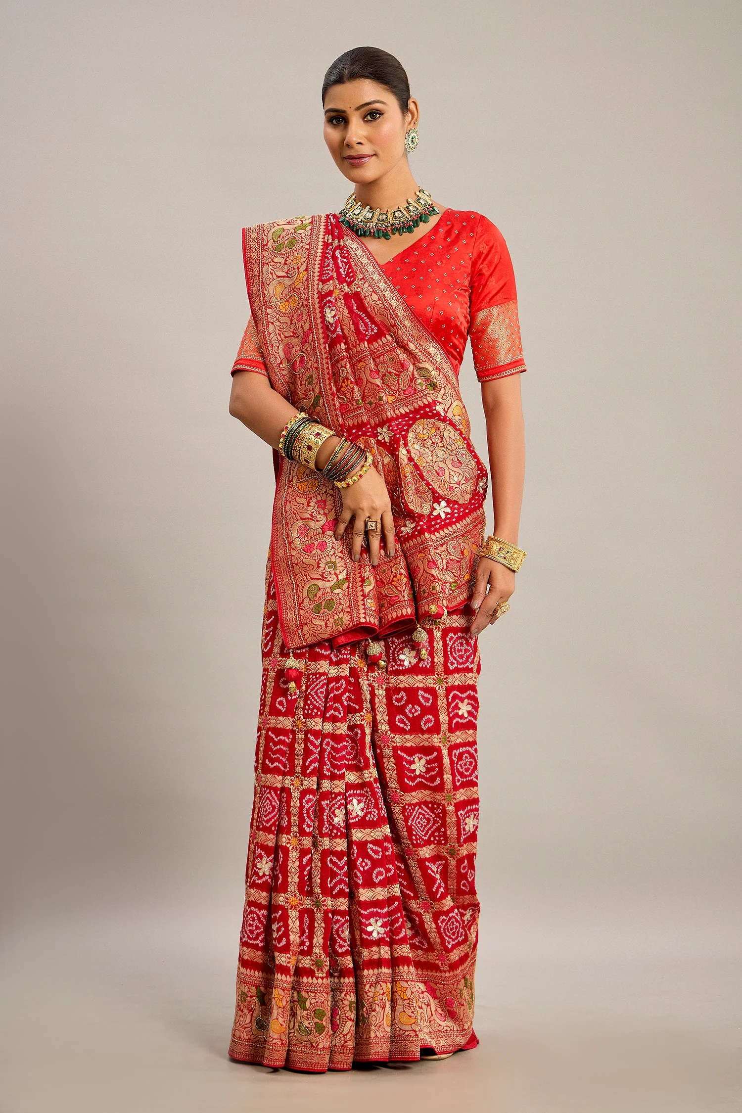 Red Georgette Checks Bandhej Woven Saree with Pitta and Cutdana Work - Image 2