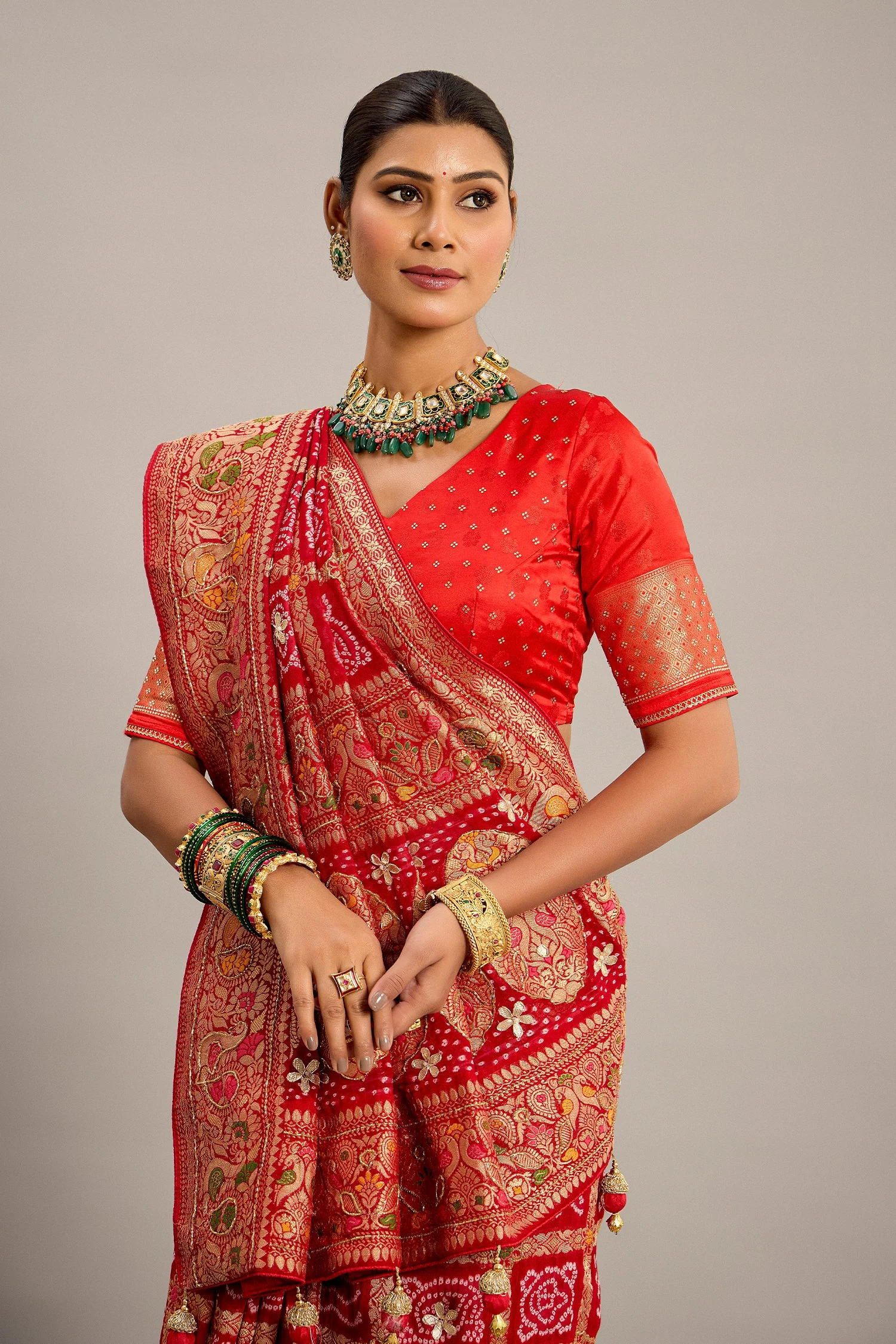 Red Georgette Checks Bandhej Woven Saree with Pitta and Cutdana Work - Image 3