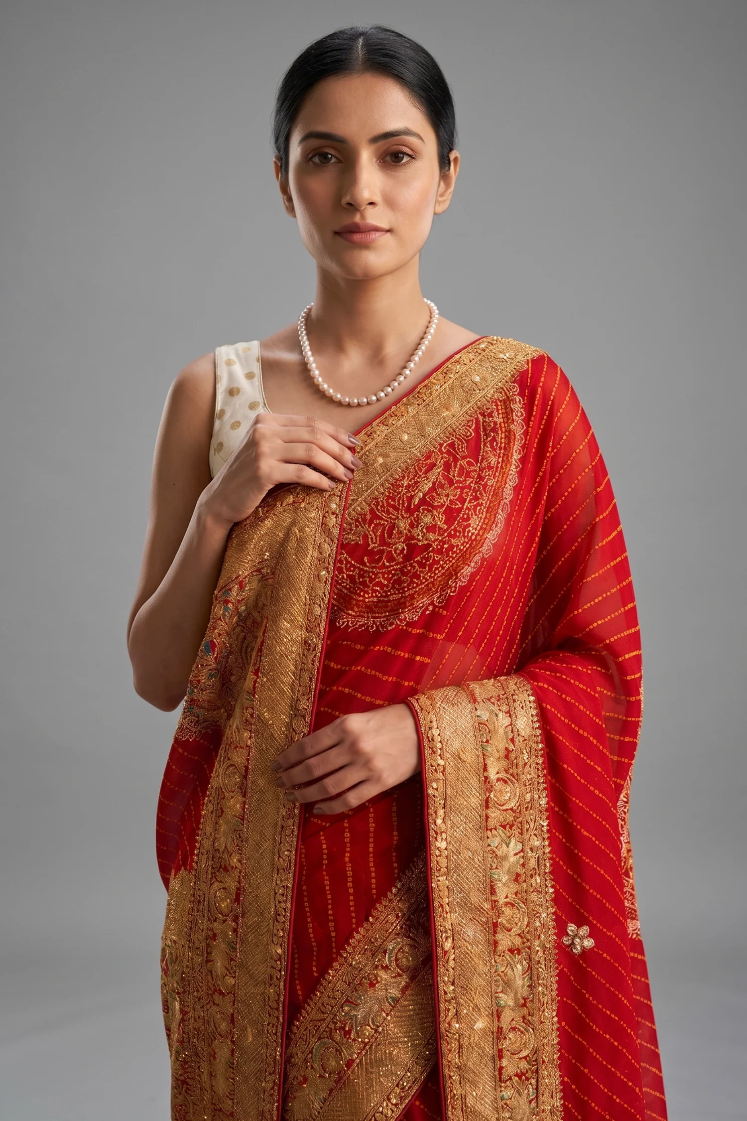 Red Georgette Printed Saree with Woven and Cutdana Worked Pallu - Image 2