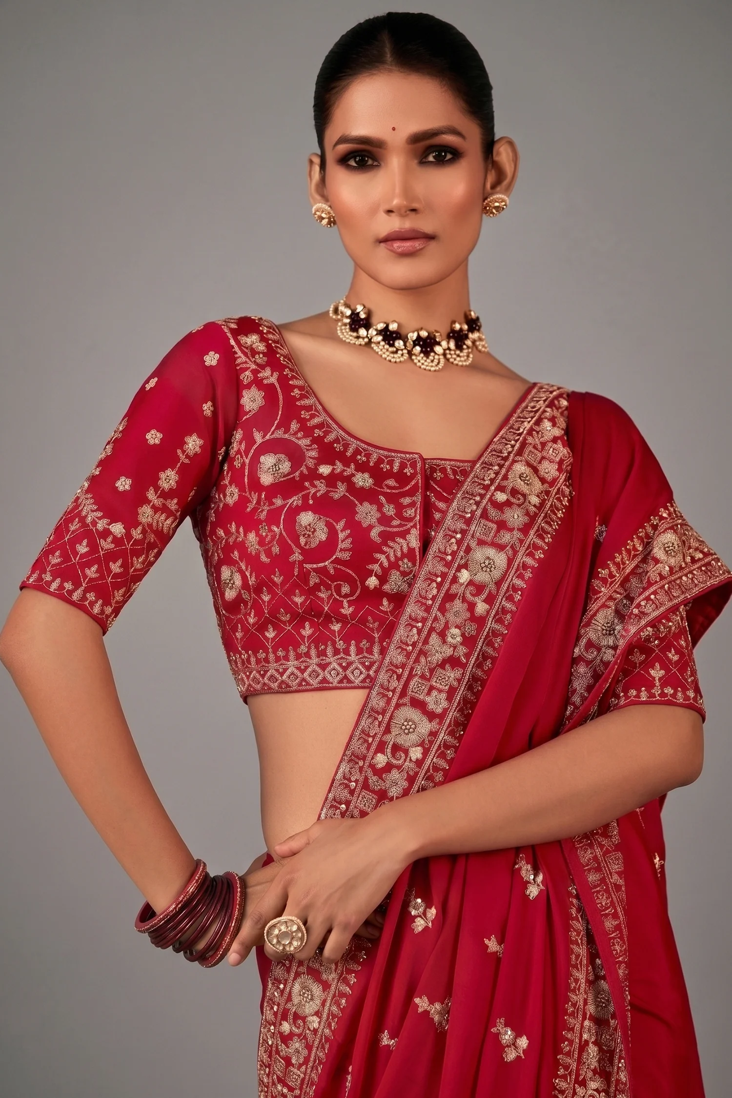 Red Georgette Satin Crepe Saree with Sequin Embroidery Work - Image 2