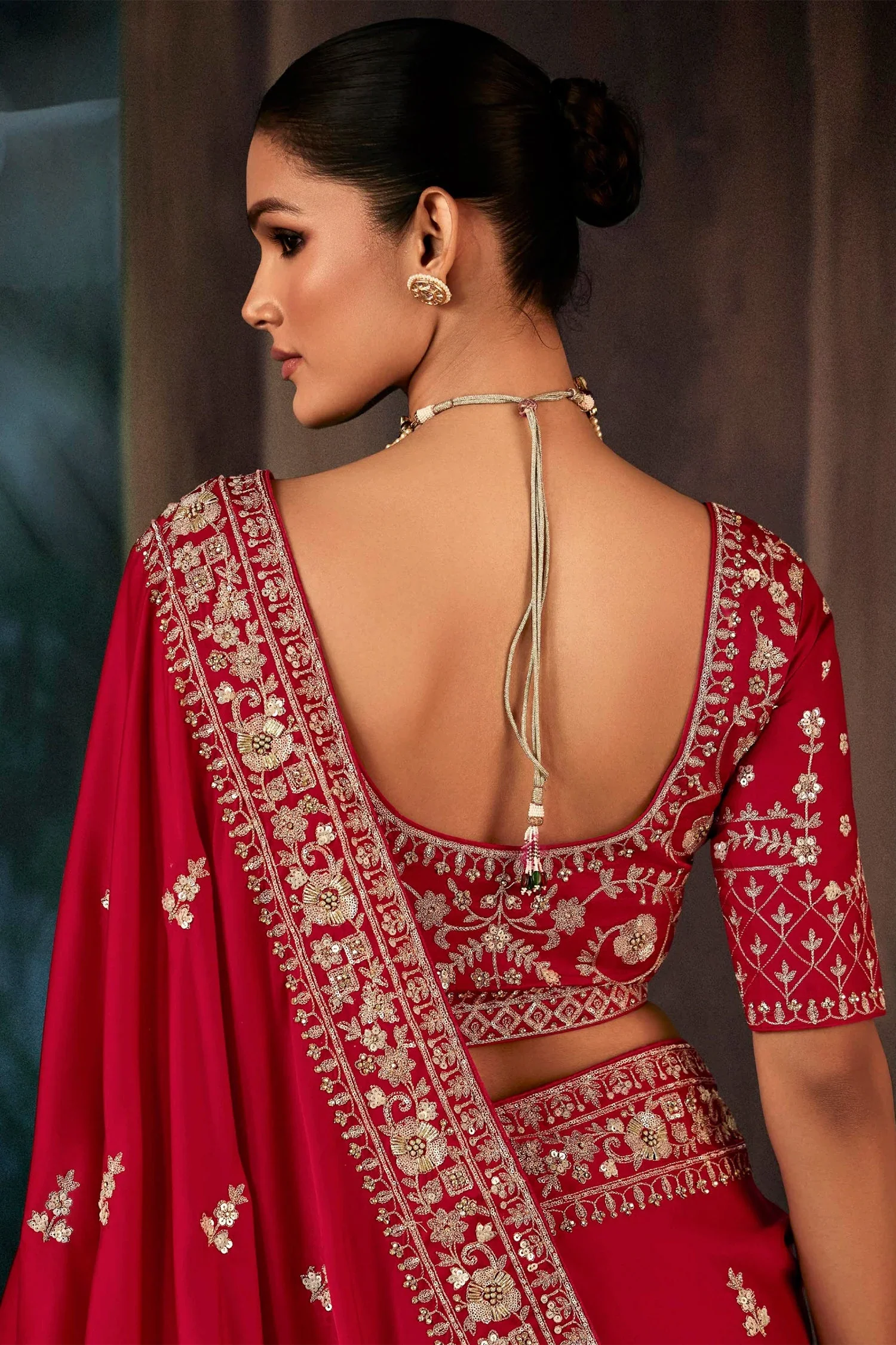Red Georgette Satin Crepe Saree with Sequin Embroidery Work - Image 3