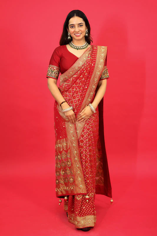 Red Georgette Traditional Bandhej Saree with Cutdana and Bead Work - Image 2