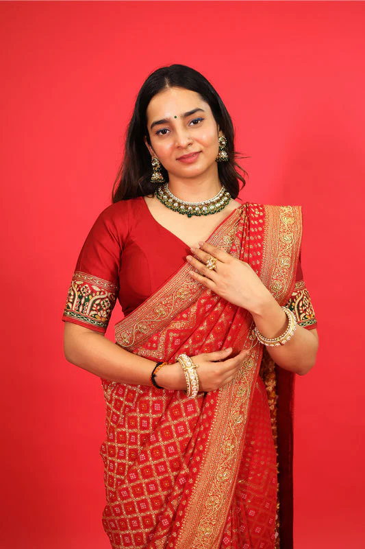 Red Georgette Traditional Bandhej Saree with Cutdana and Bead Work - Image 3