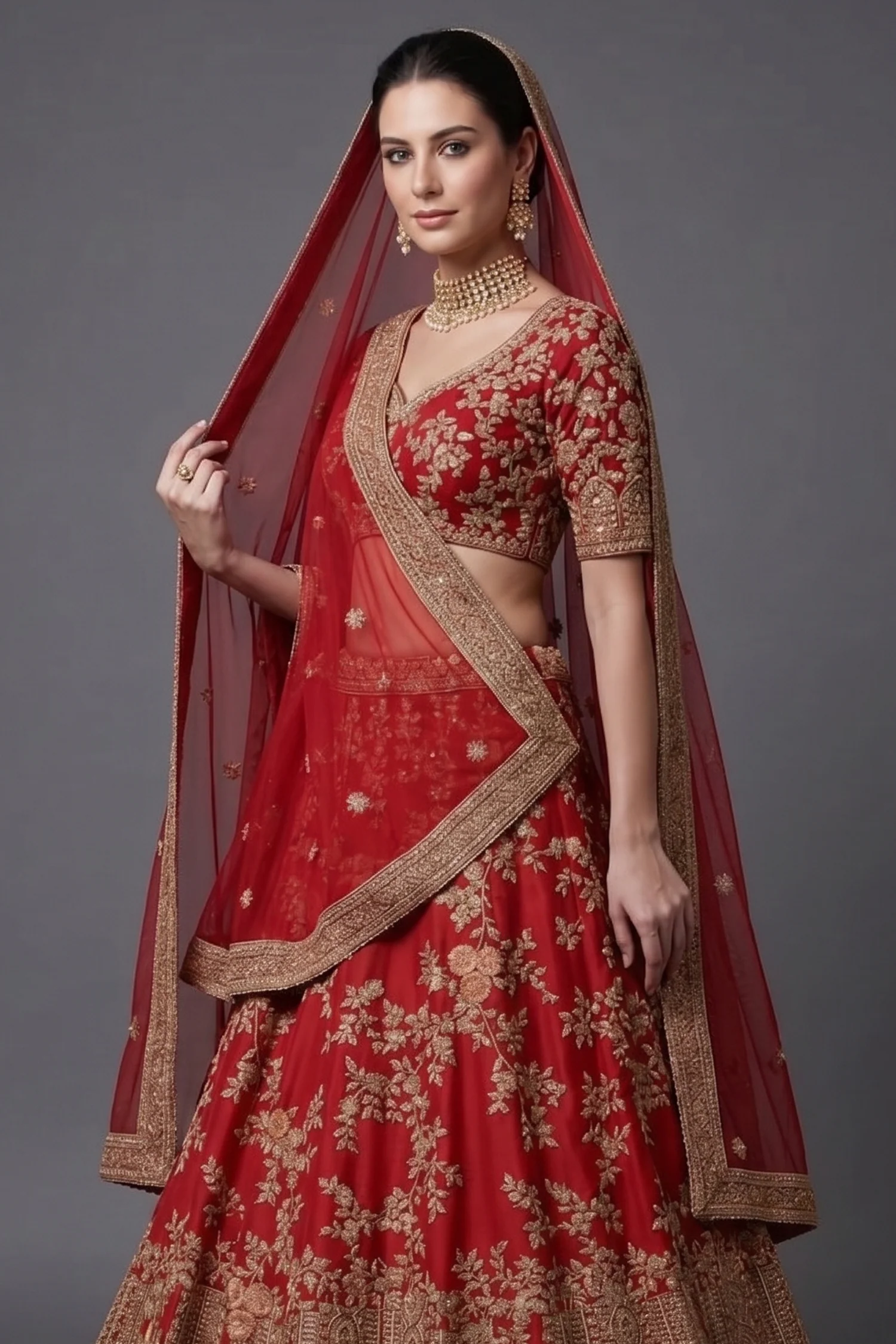 Red KD Dupion Silk Designer Bridal Floral Sequin Embroidered Bridal Lehenga - Image 2