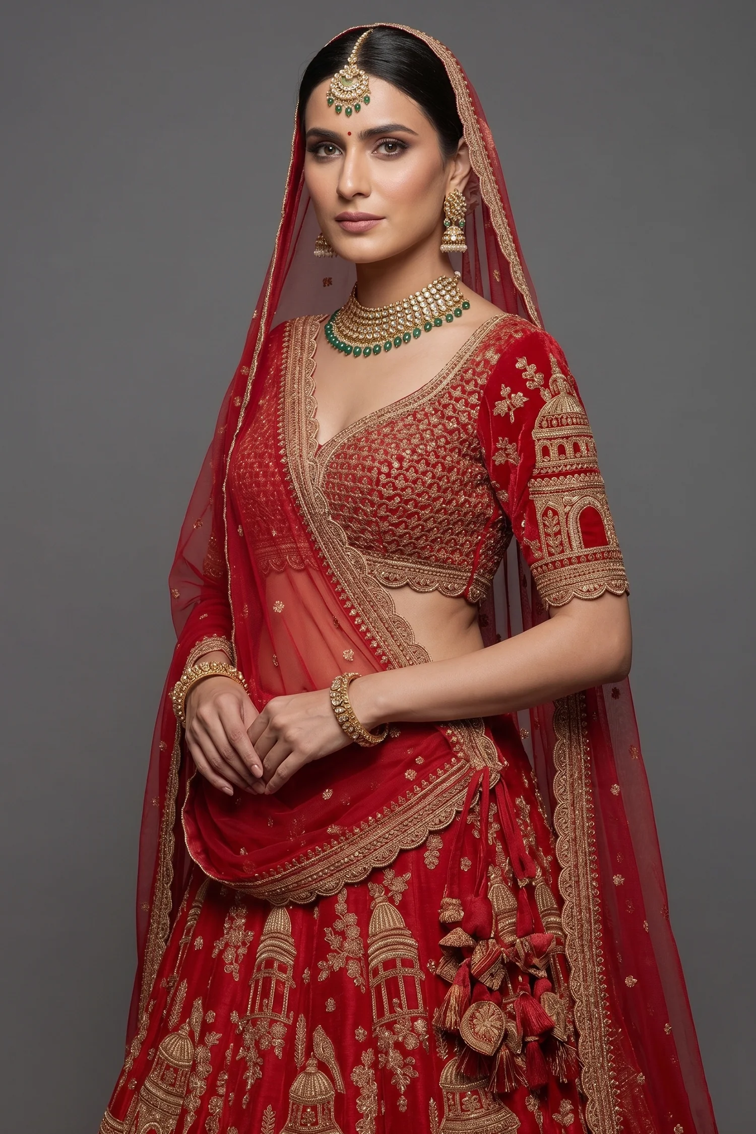 Red KD Dupion Silk Designer Bridal Lehenga with Double Dupatta - Image 2