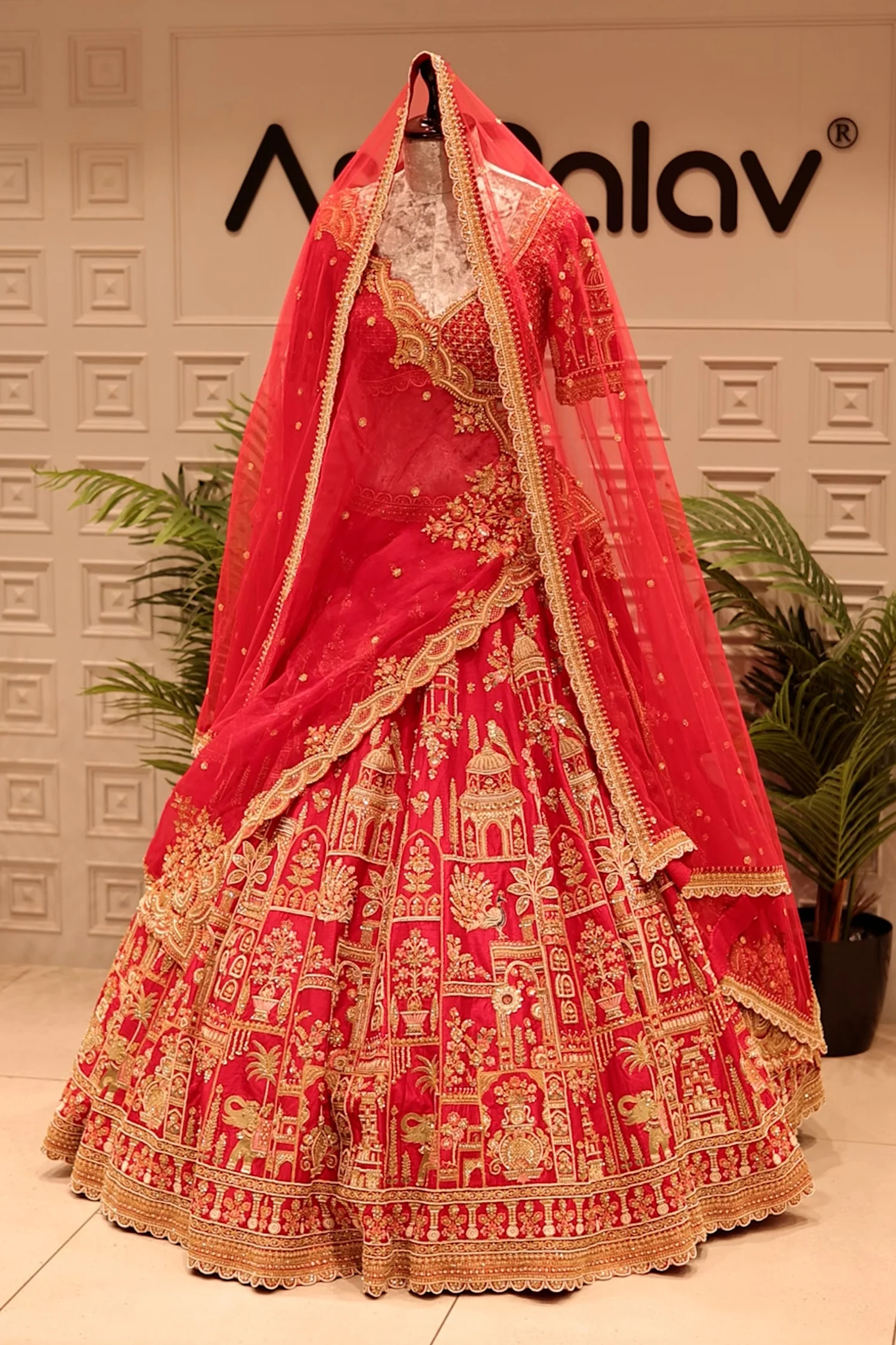 Red KD Dupion Silk Designer Bridal Lehenga with Double Dupatta - Image 3