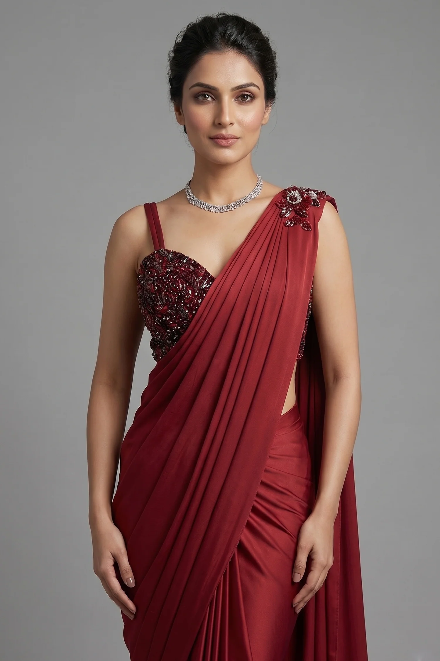 Red Lycra Net Pre Draped Saree with Embellished Blouse - Image 2