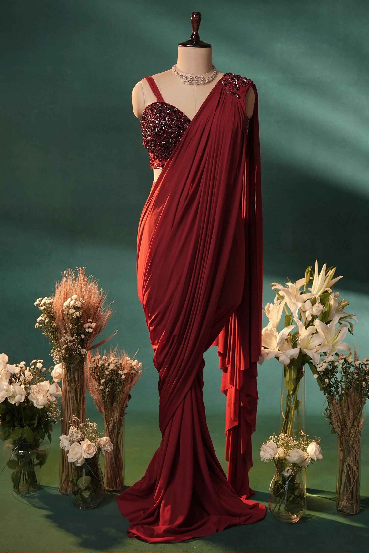 Red Lycra Net Pre Draped Saree with Embellished Blouse - Image 3