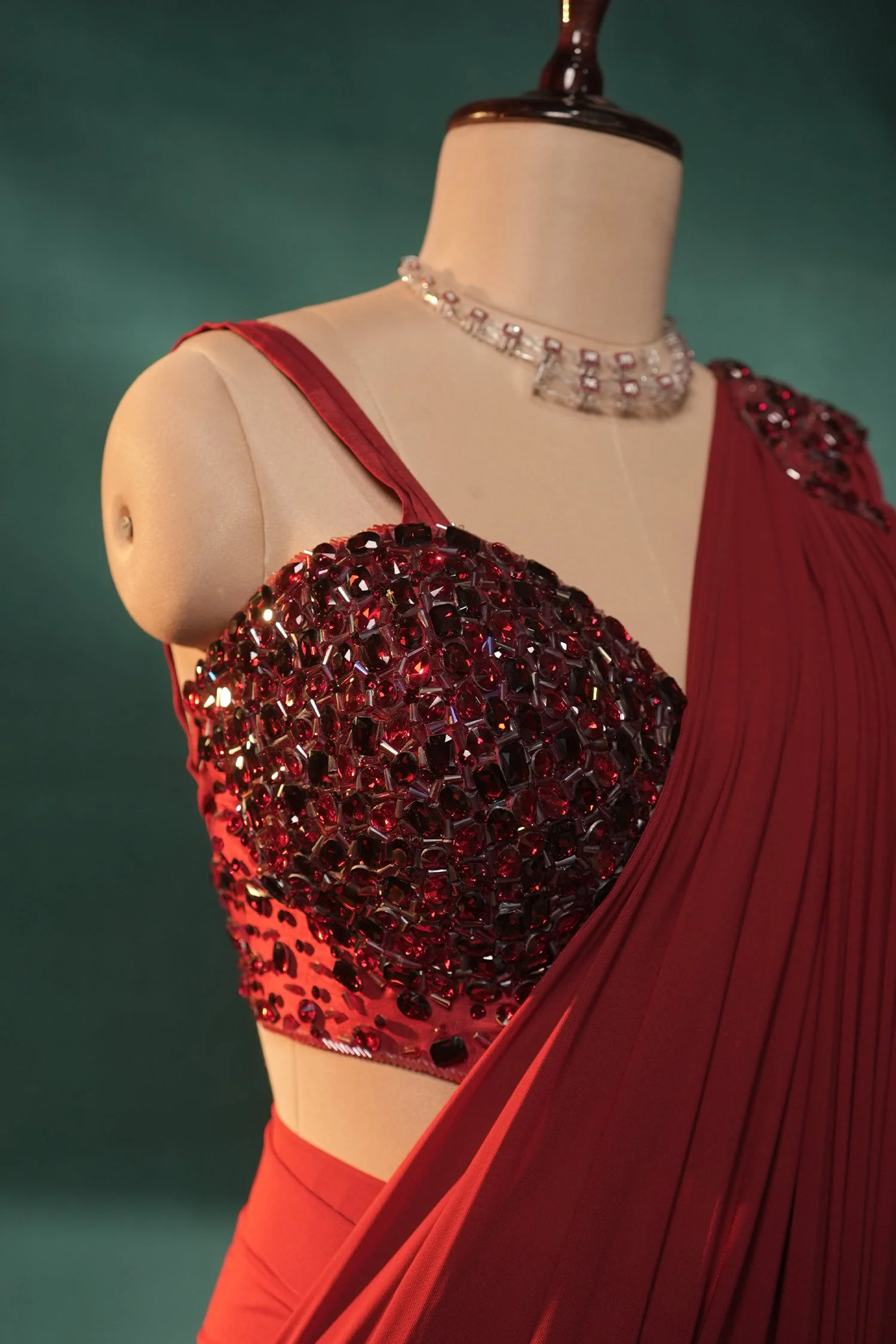 Red Lycra Net Pre Draped Saree with Embellished Blouse - Image 5