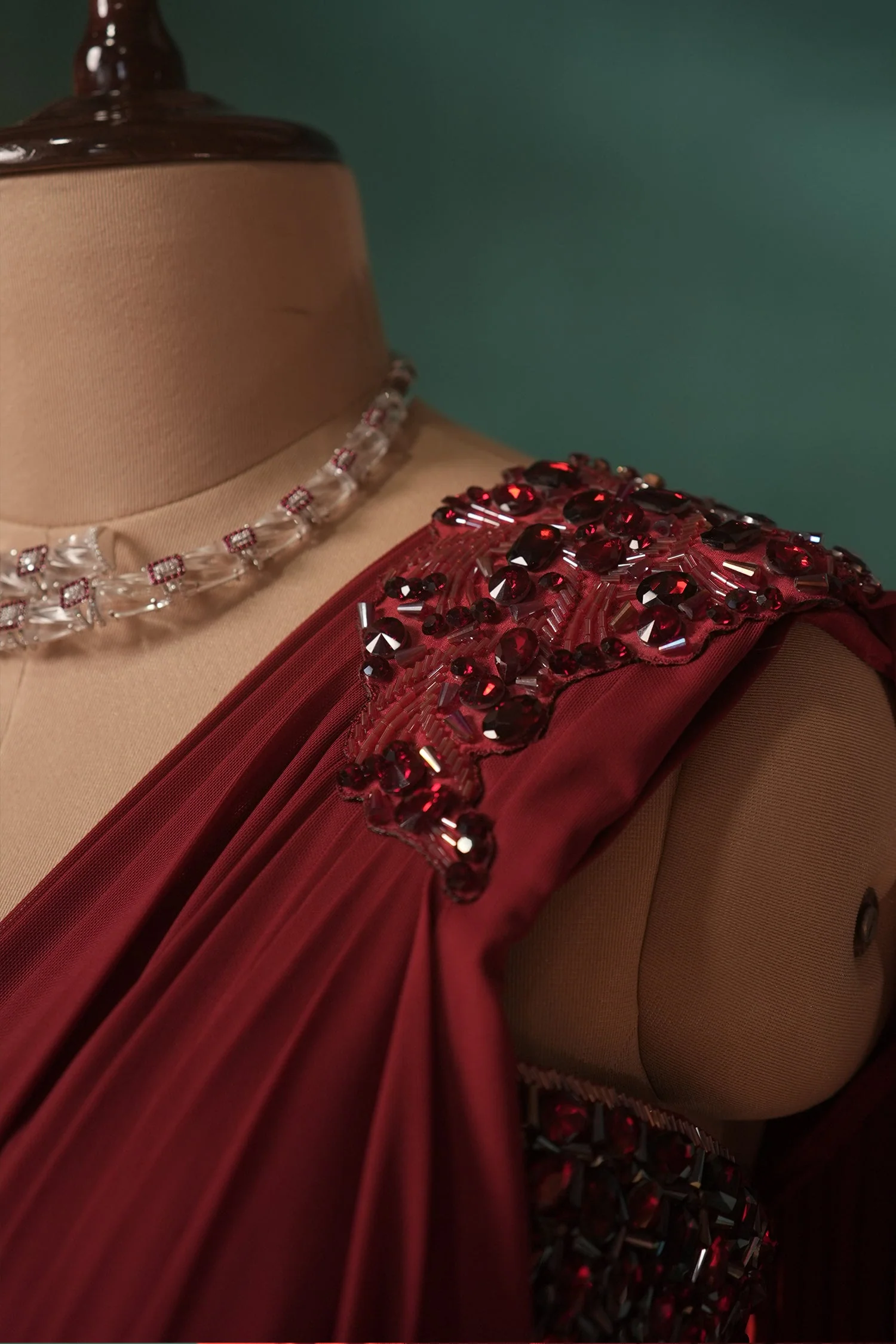 Red Lycra Net Pre Draped Saree with Embellished Blouse - Image 6