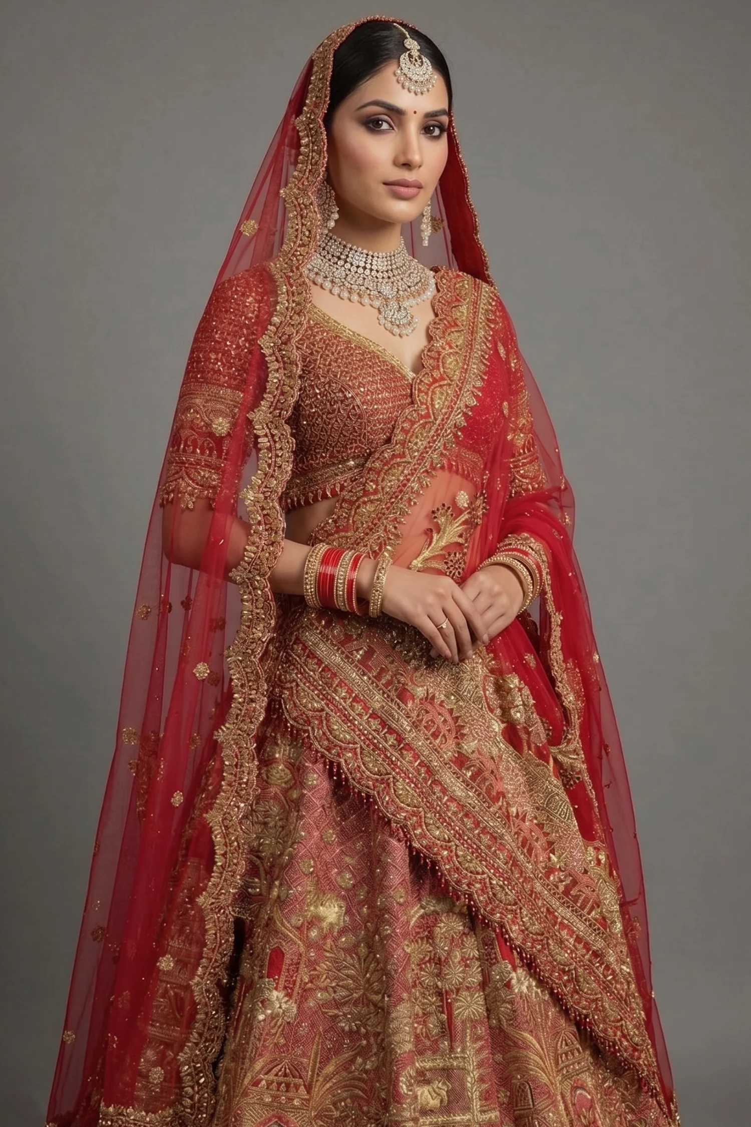 Red Matka Silk Designer Bridal Lehenga with Double Dupatta - Image 2