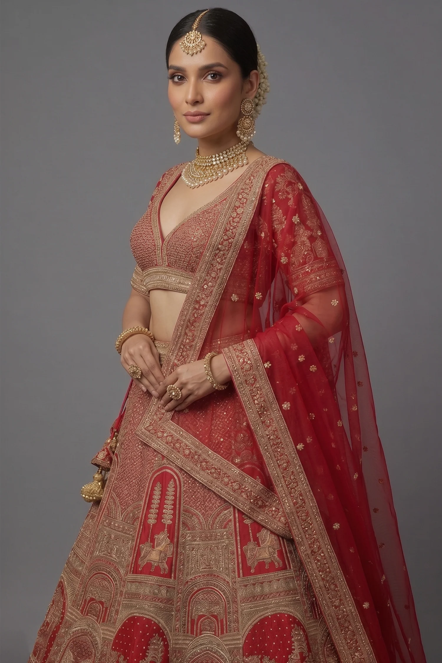 Red Matka Silk Designer Bridal Lehenga with Double Dupatta - Image 2